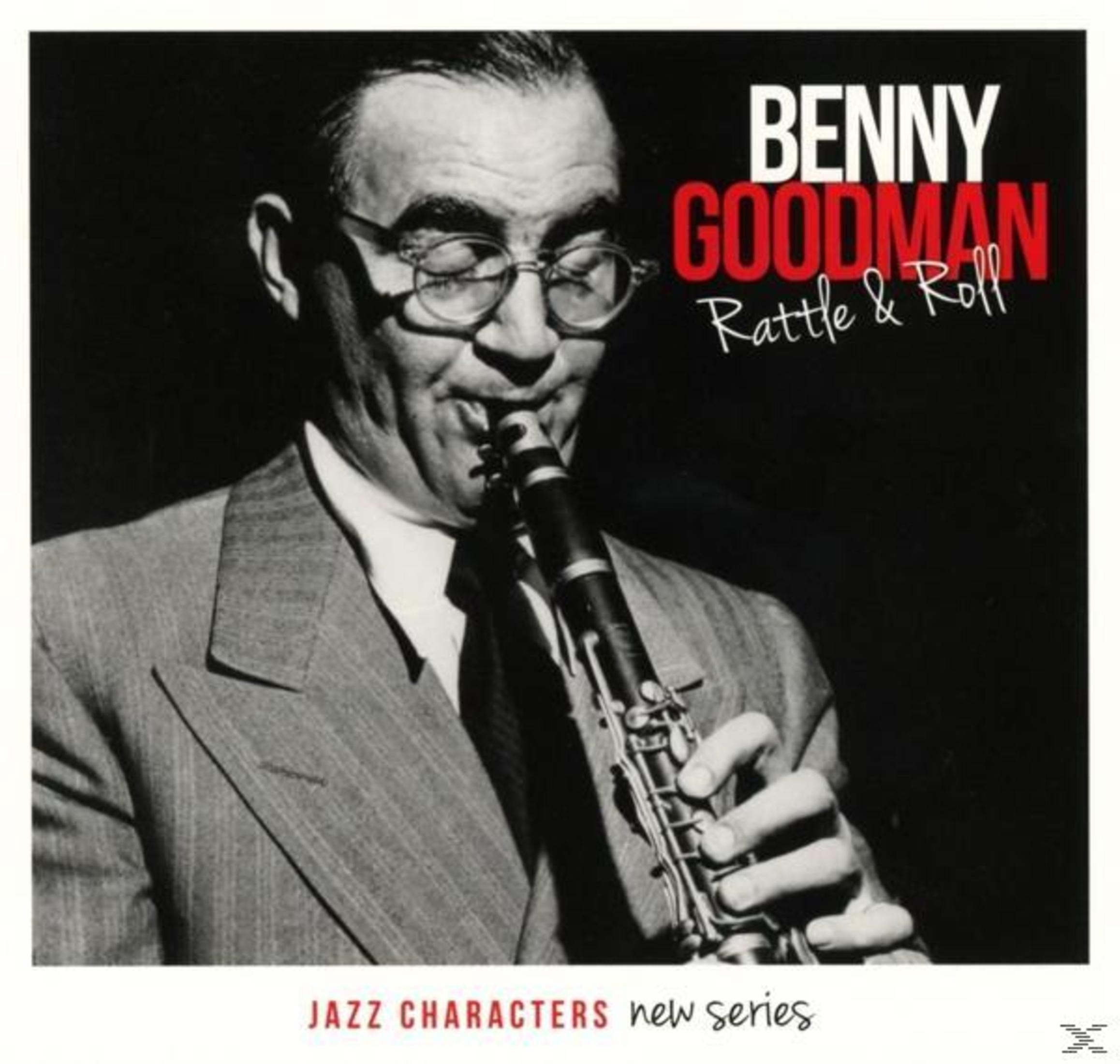 Benny Goodman speelt klarinet op een albumhoes met zwarte achtergrond.
