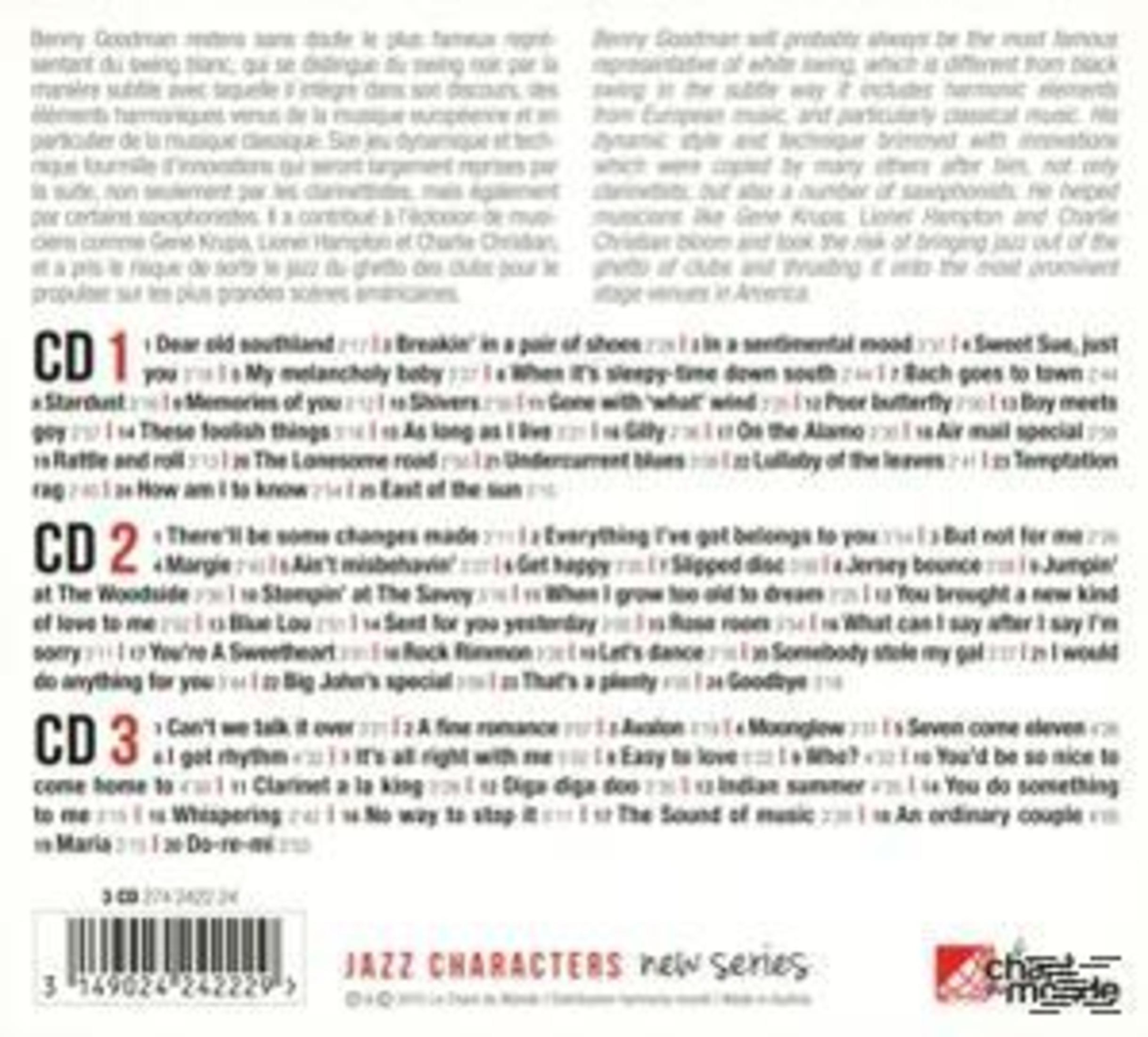 CD-hoes met tracklijsten voor 3 cd's, jazzmuziek, met streepjescode onderaan.