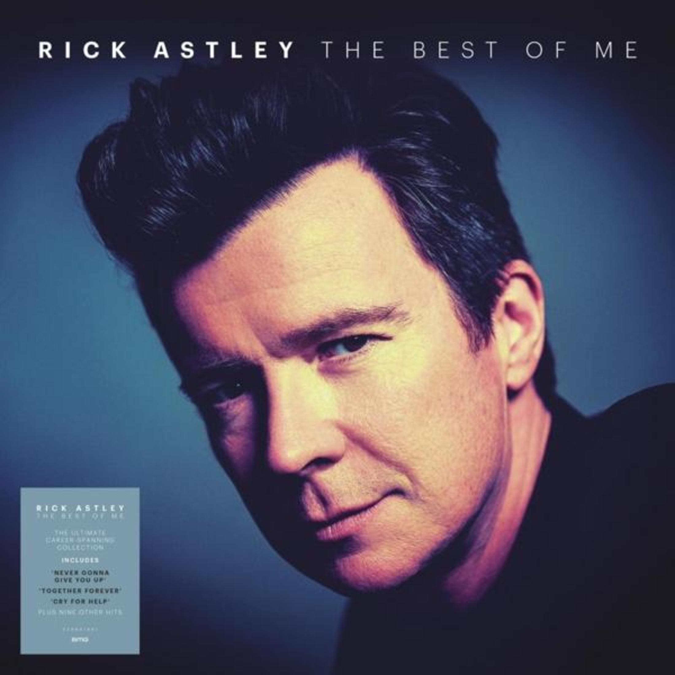 Copertina album "The Best of Me" di Rick Astley mostra il suo volto e titoli canzoni.