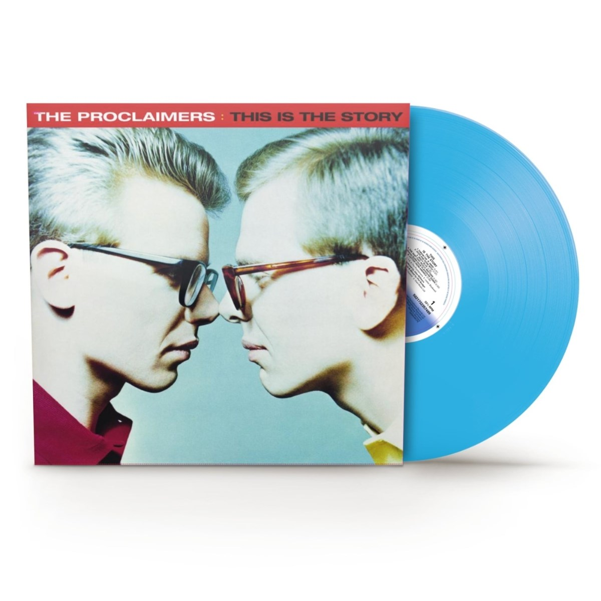 Copertina album con due uomini con occhiali uno di fronte all'altro, accanto a un disco in vinile blu.