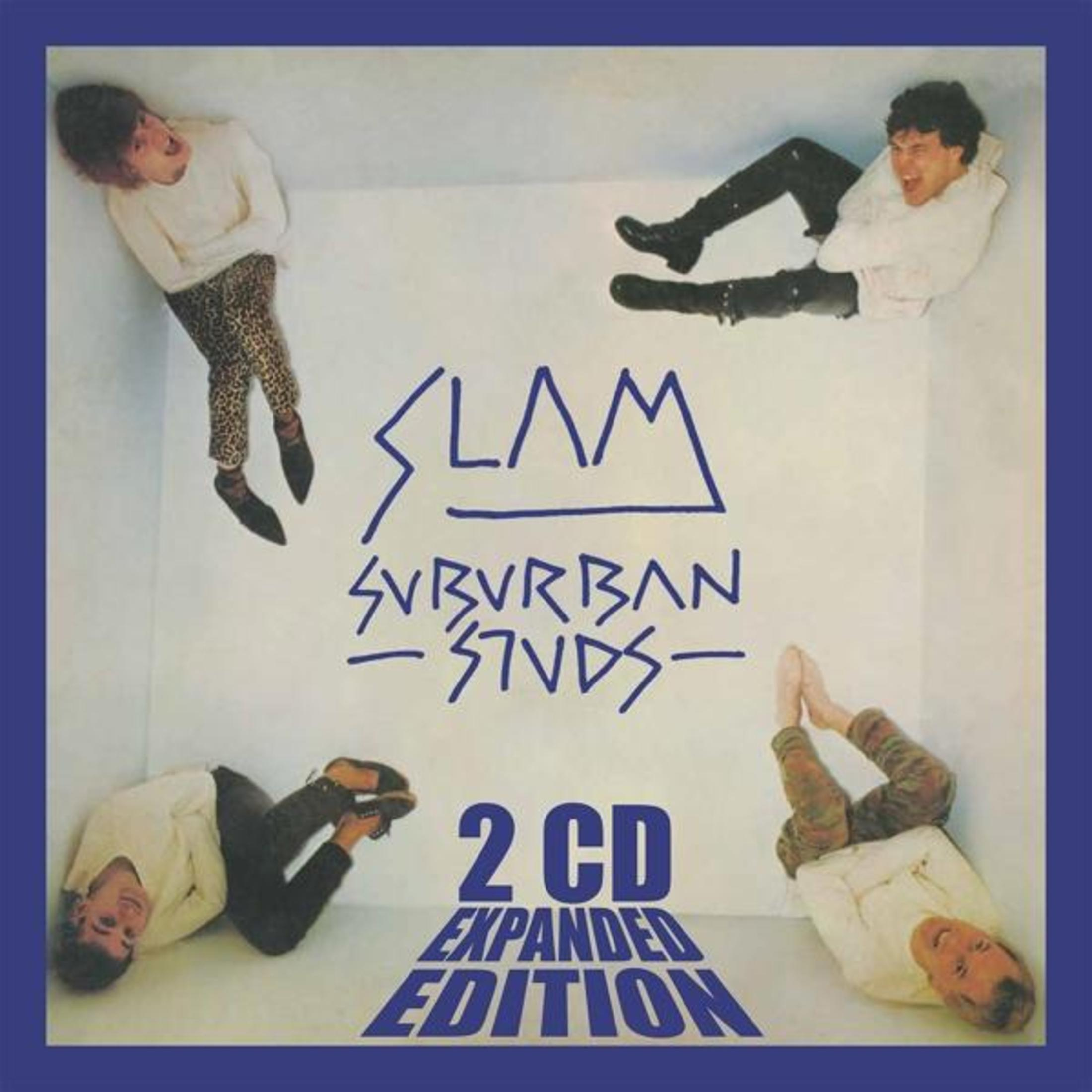 Vier mannen in witte tops en patroonbroeken op wit. SLAM Suburban Studs 2 CD Expanded Edition.
