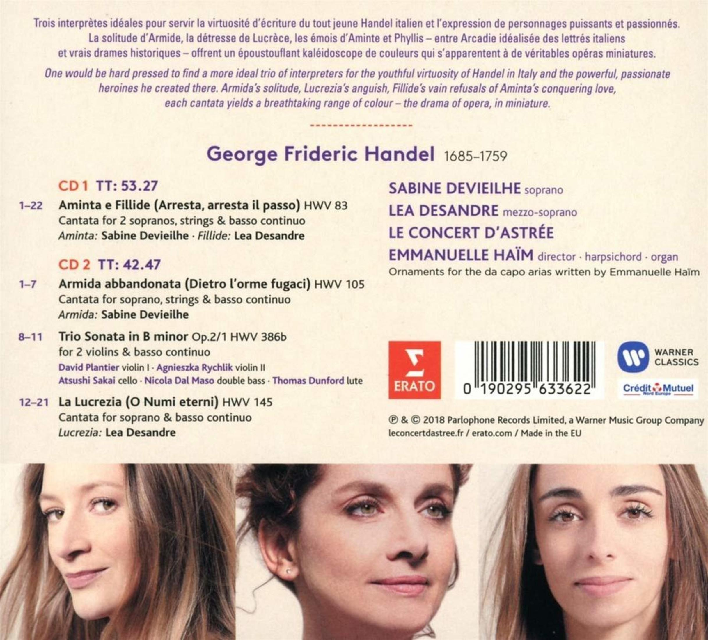 Copertina dell'album con testo sulle opere di Händel e tre ritratti di cantanti.