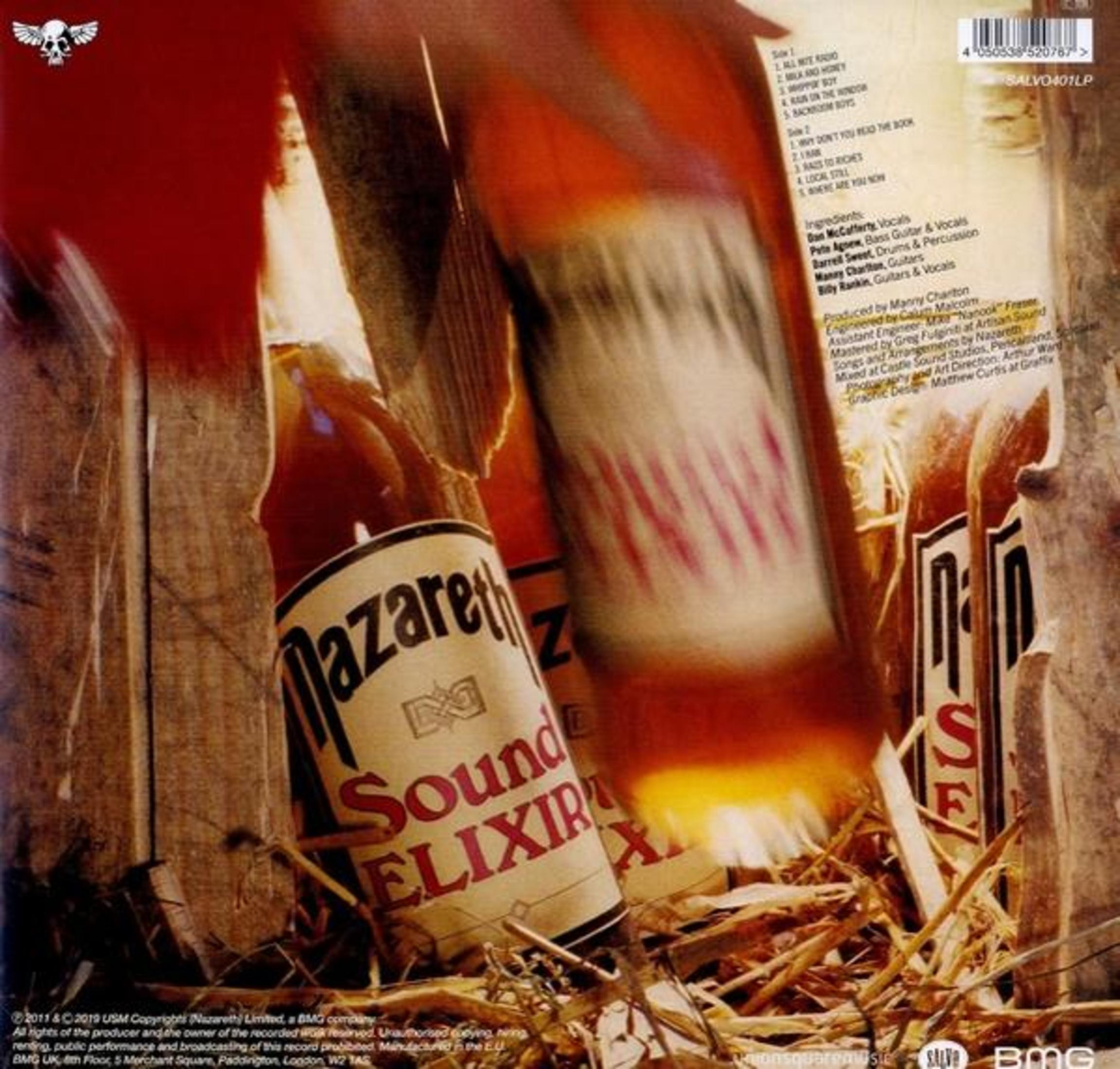 Primo piano di due bottiglie etichettate 'Nazareth Sound Elixir' su sfondo di paglia.