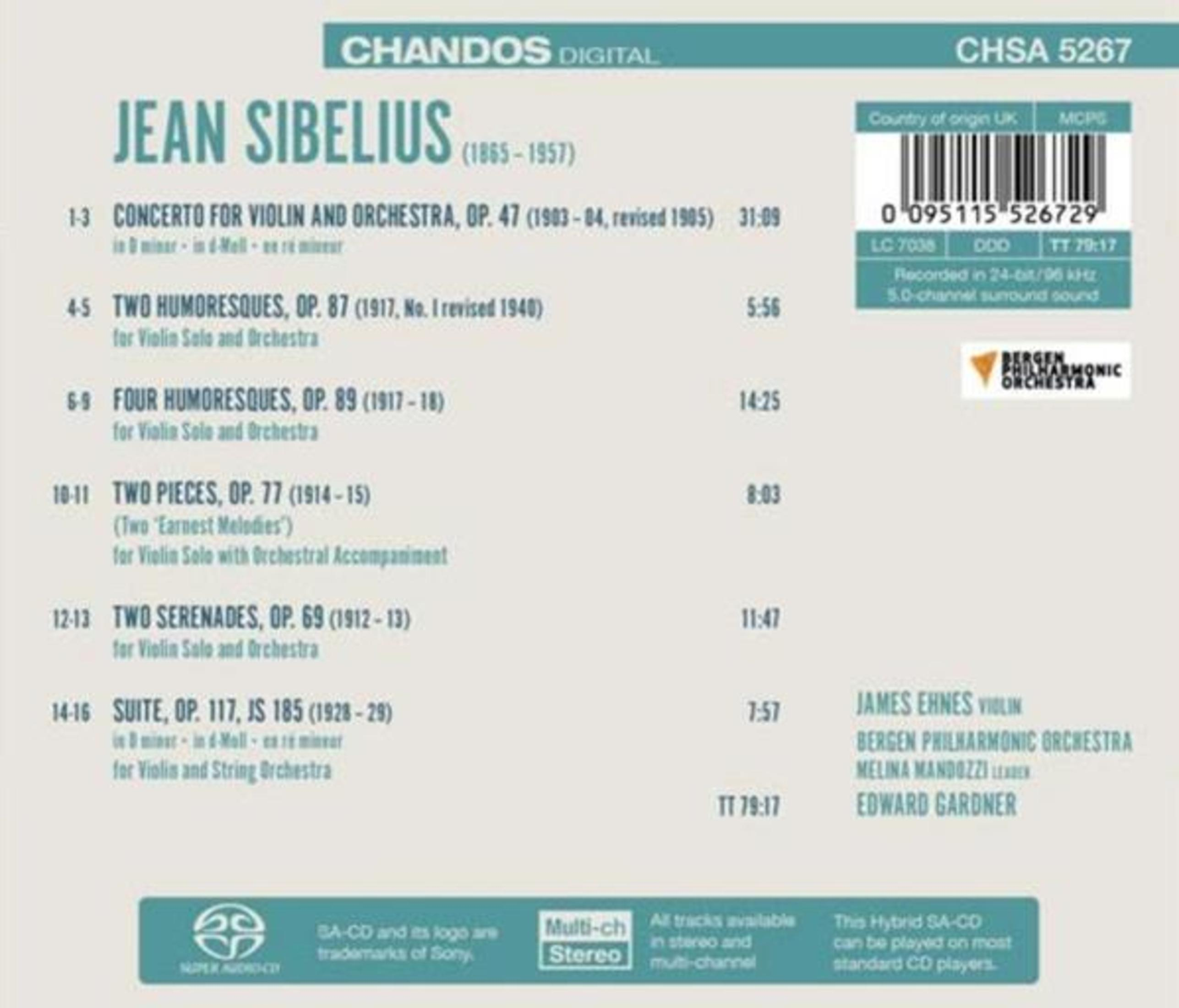 Portada de CD de Jean Sibelius: Concierto, Humoresques, Piezas, Serenatas. Filarmónica de Bergen.