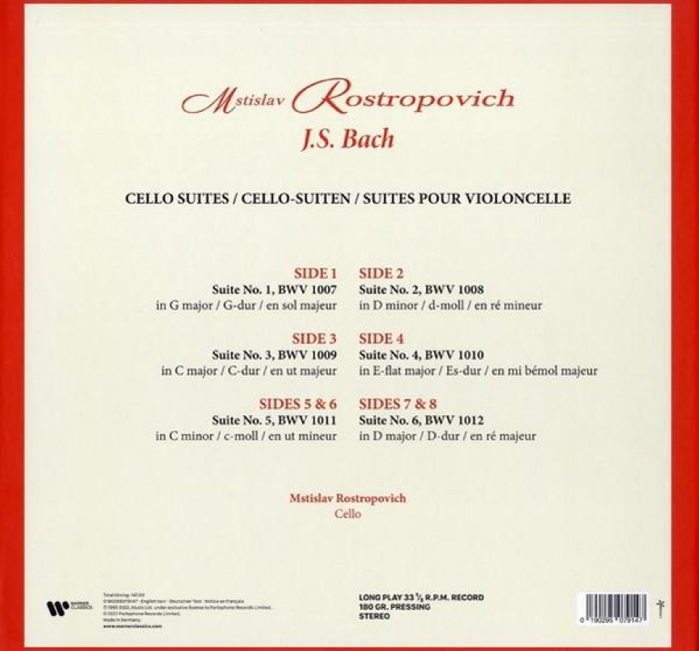 Copertina album con le Suite per violoncello di Bach eseguite da M. Rostropovich.
