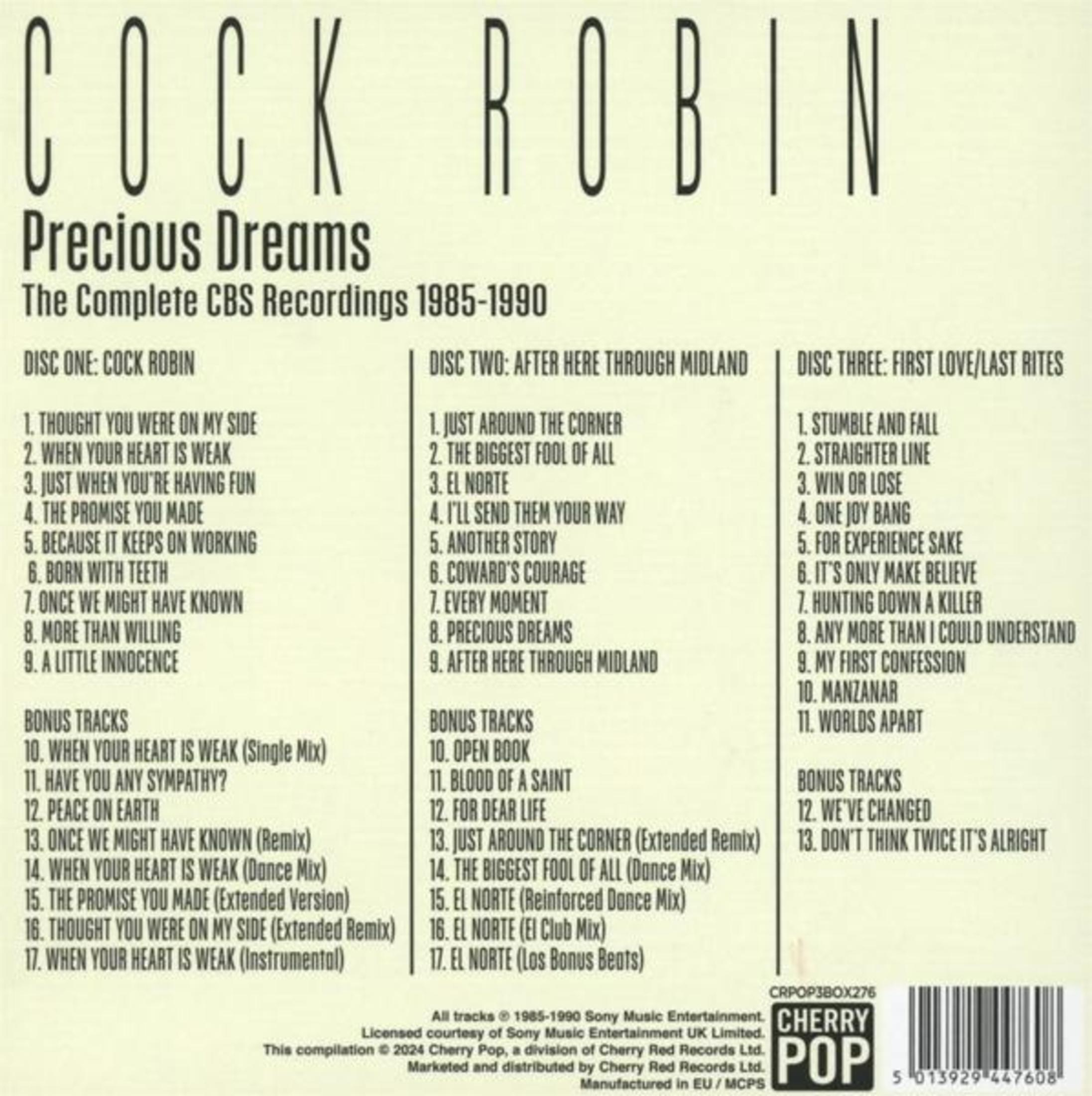 Copertina album con tracklist per Cock Robin, Disco 1-3. Testo nero su sfondo chiaro.