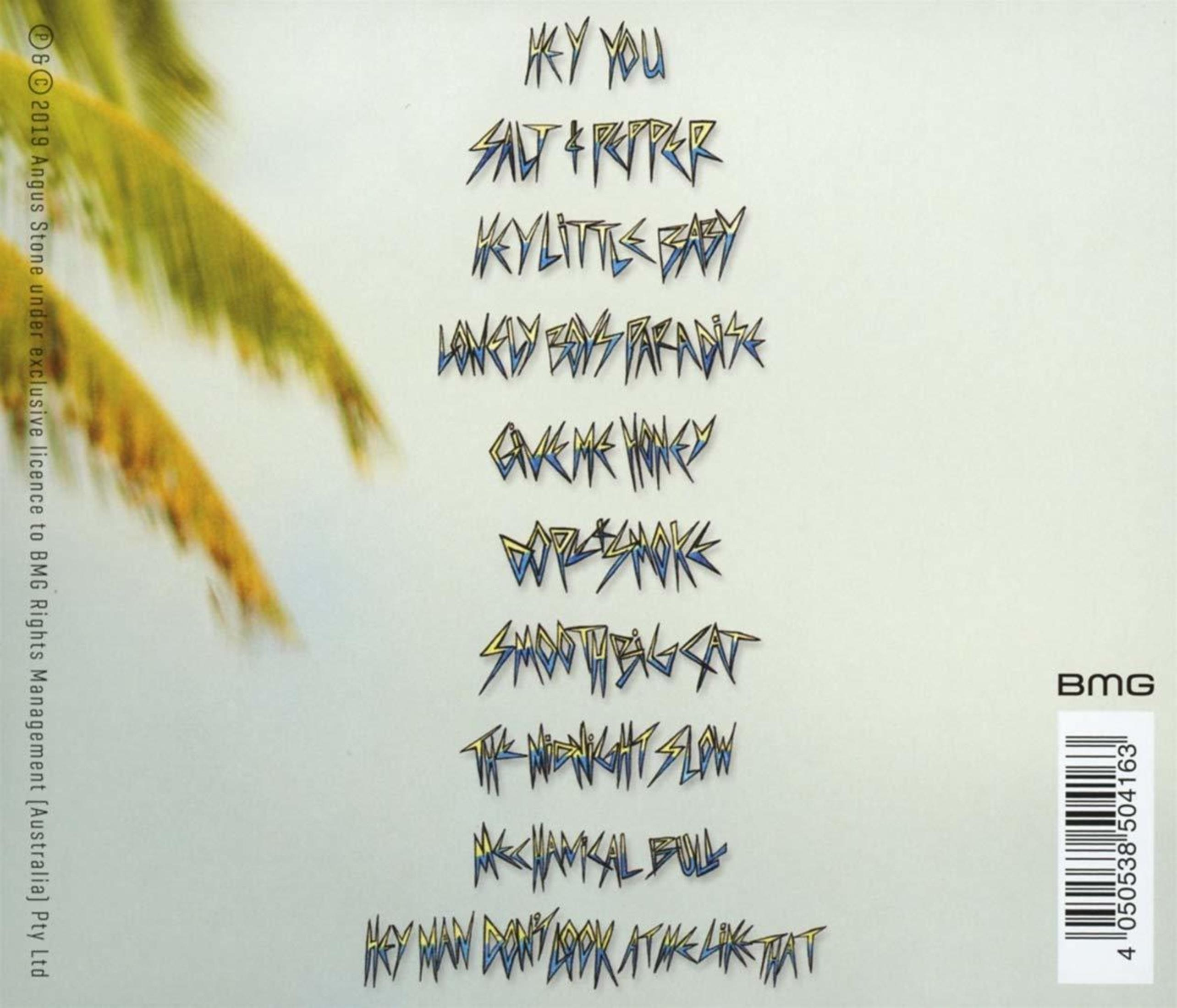 Copertina album con titoli canzoni e foglie di palma. Logo BMG e codice a barre.