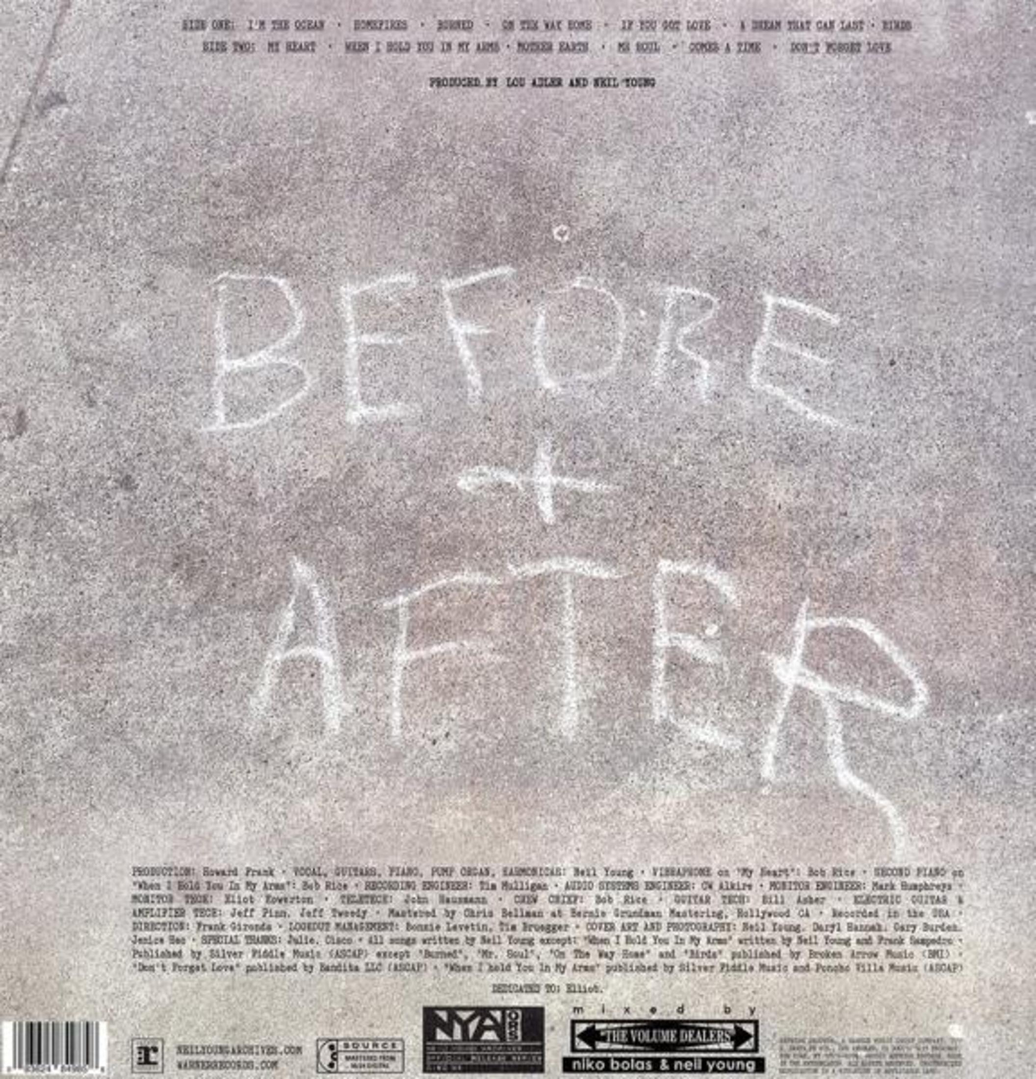 Superficie di cemento grigio con scritte a gesso bianche. Titoli canzoni in alto, "BEFORE + AFTER" sotto.