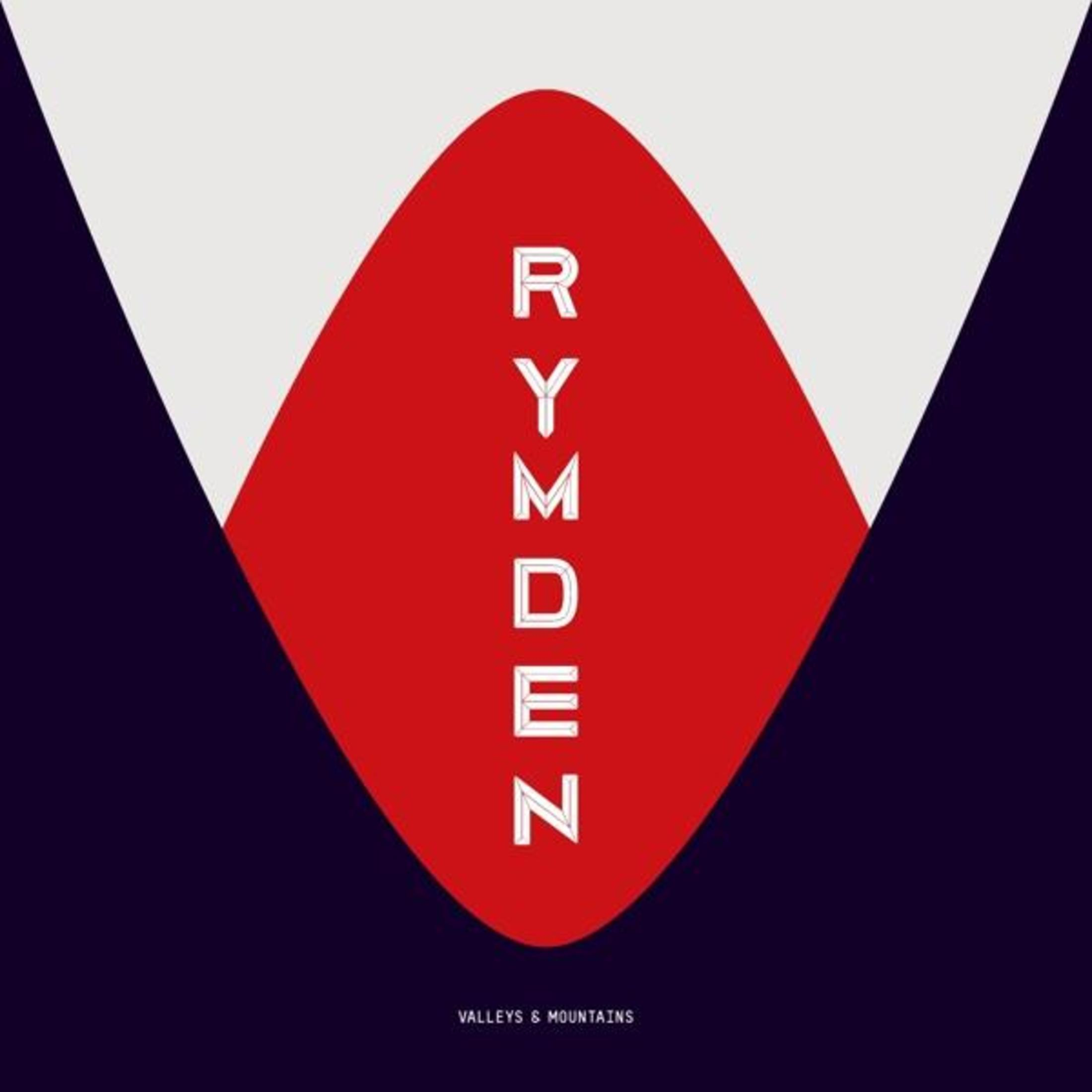 Design rosso a forma di cuore con testo verticale 'RYMDEN' su sfondo bianco e blu scuro.