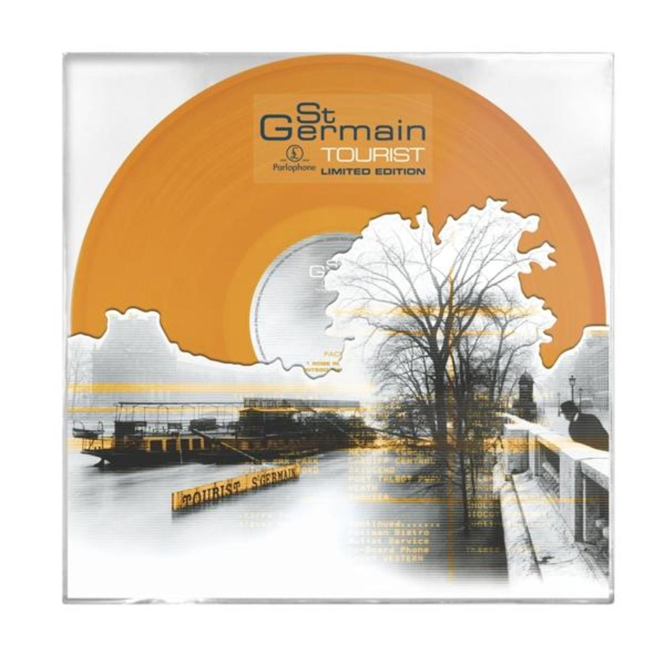 Disco in vinile arancione con logo St. Germain Tourist, battello, albero e silhouette.