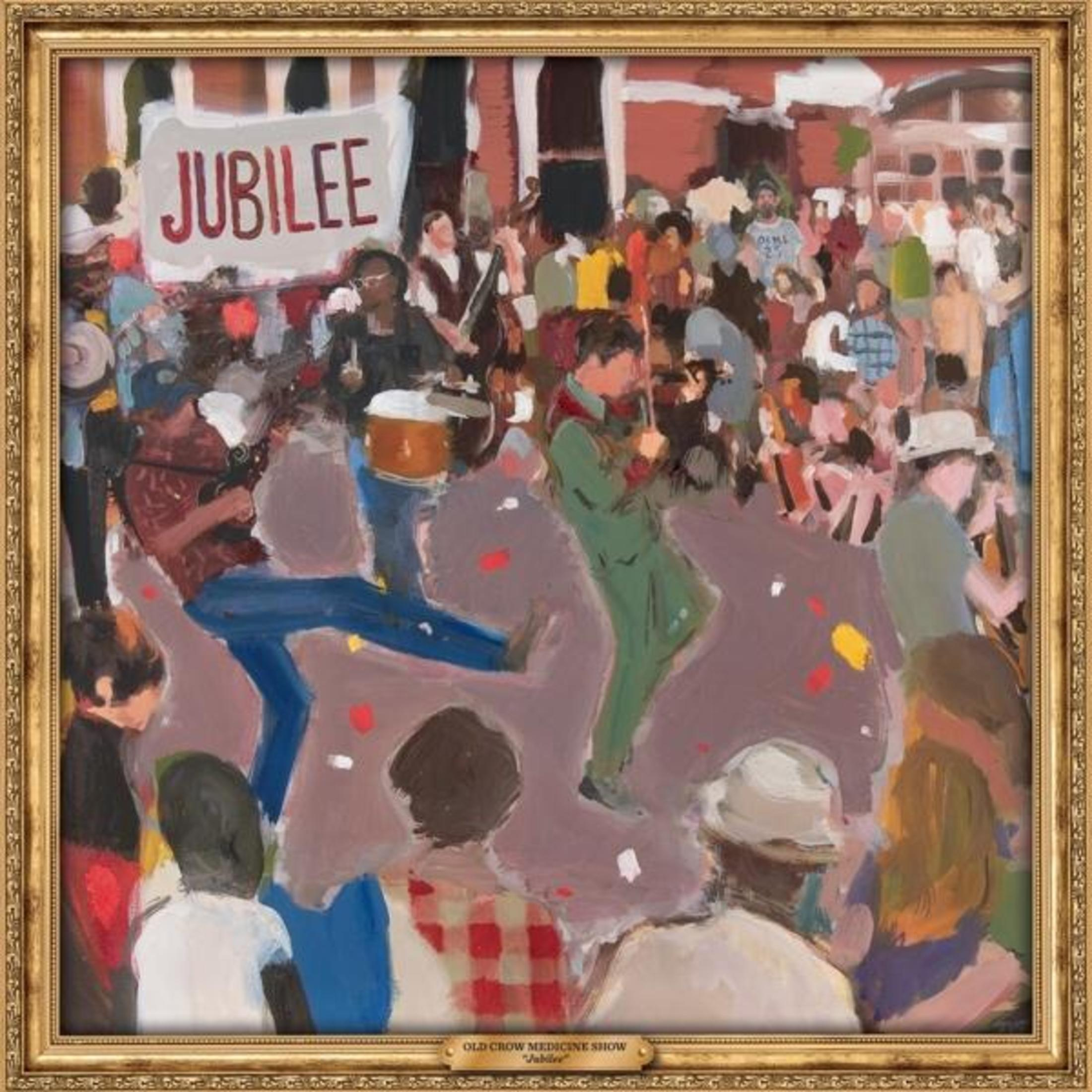 Pittura colorata di una folla che tiene uno striscione "Jubilee". Musicisti suonano strumenti.