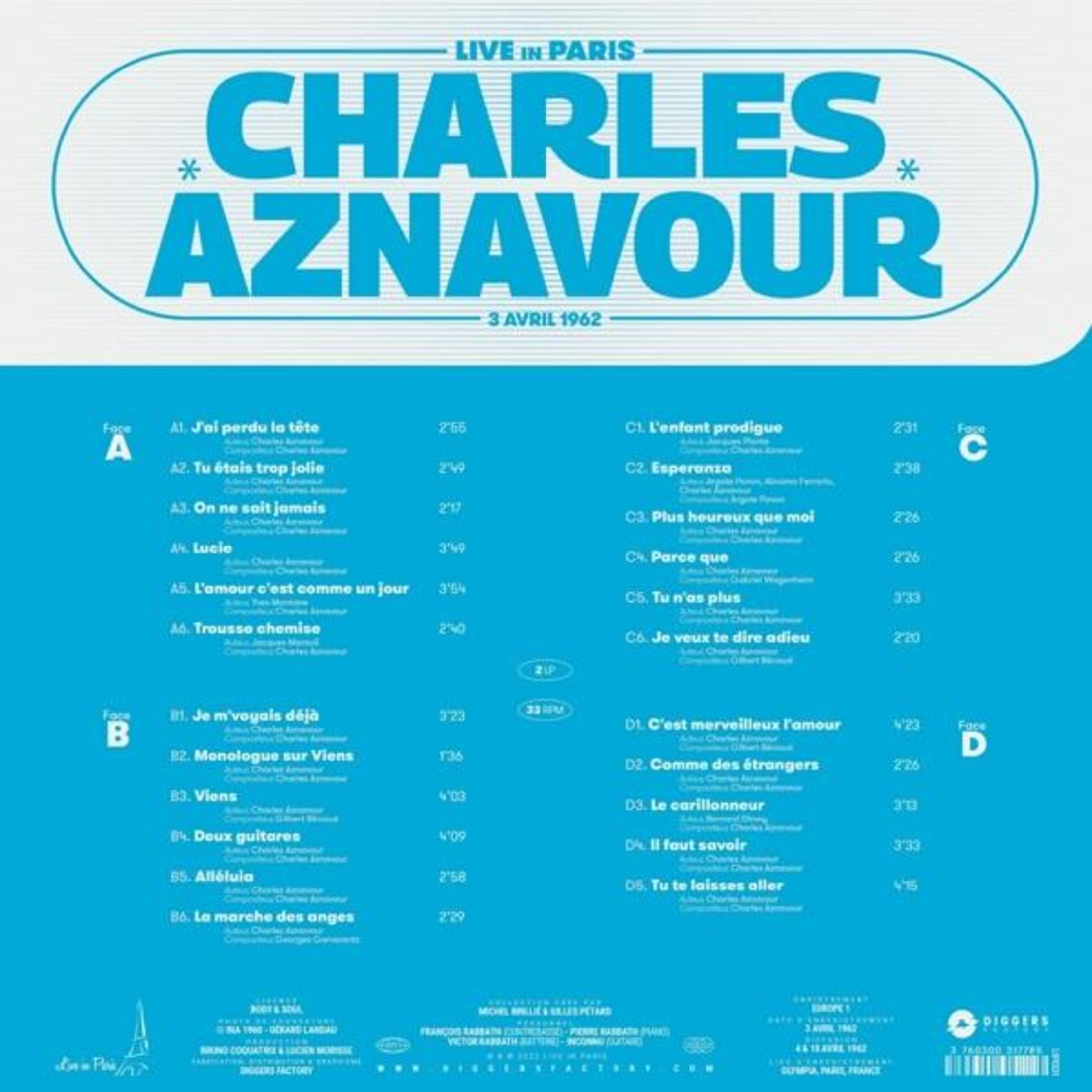 Copertina di Charles Aznavour Live in Paris del 3 aprile 1962 con elenco tracce.
