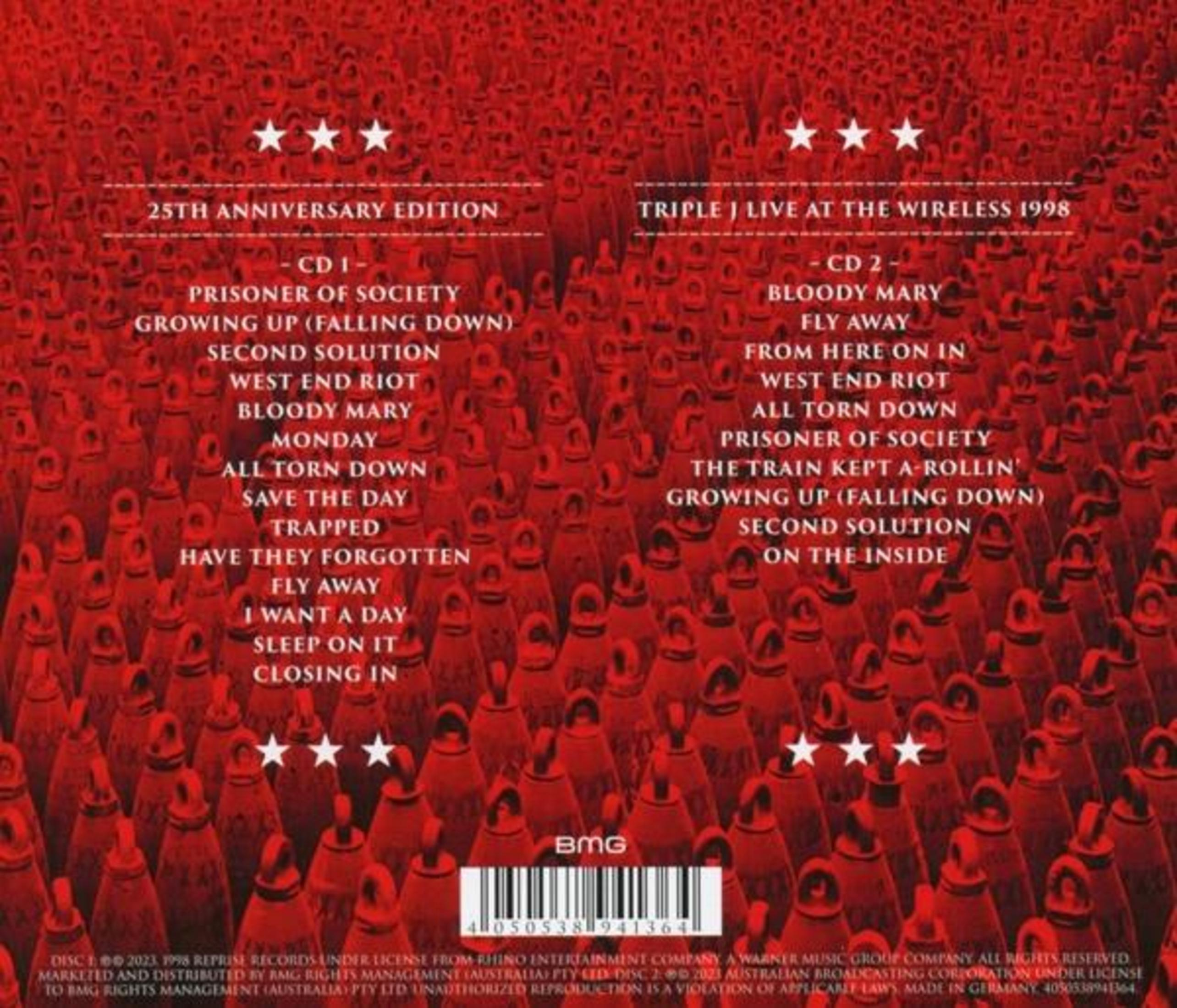 Custodia CD rossa con titoli di canzoni per due CD, '25th Anniversary Edition' e 'Triple J Live'.