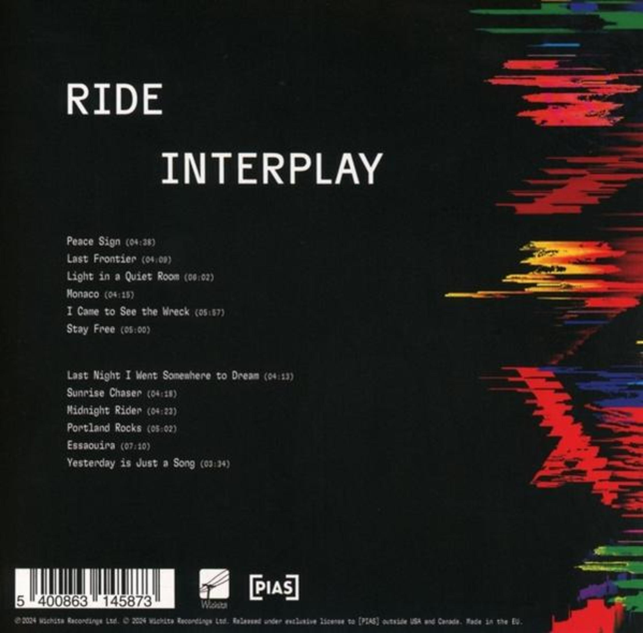 Sfondo nero con testo bianco "RIDE INTERPLAY" e elenco tracce.
