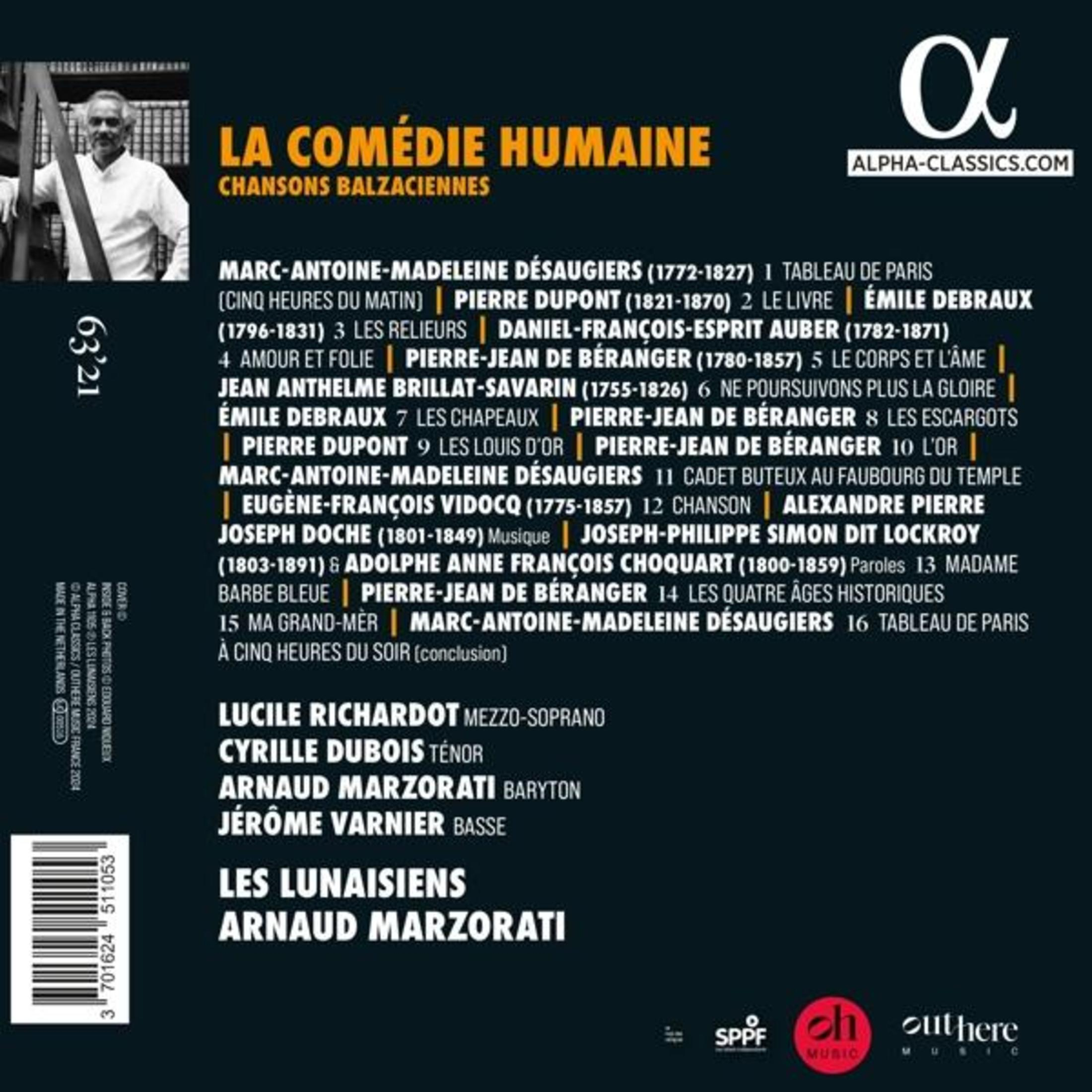 Copertina CD 'La Comédie Humaine', ritratto uomo, elenco canzoni, codice a barre.