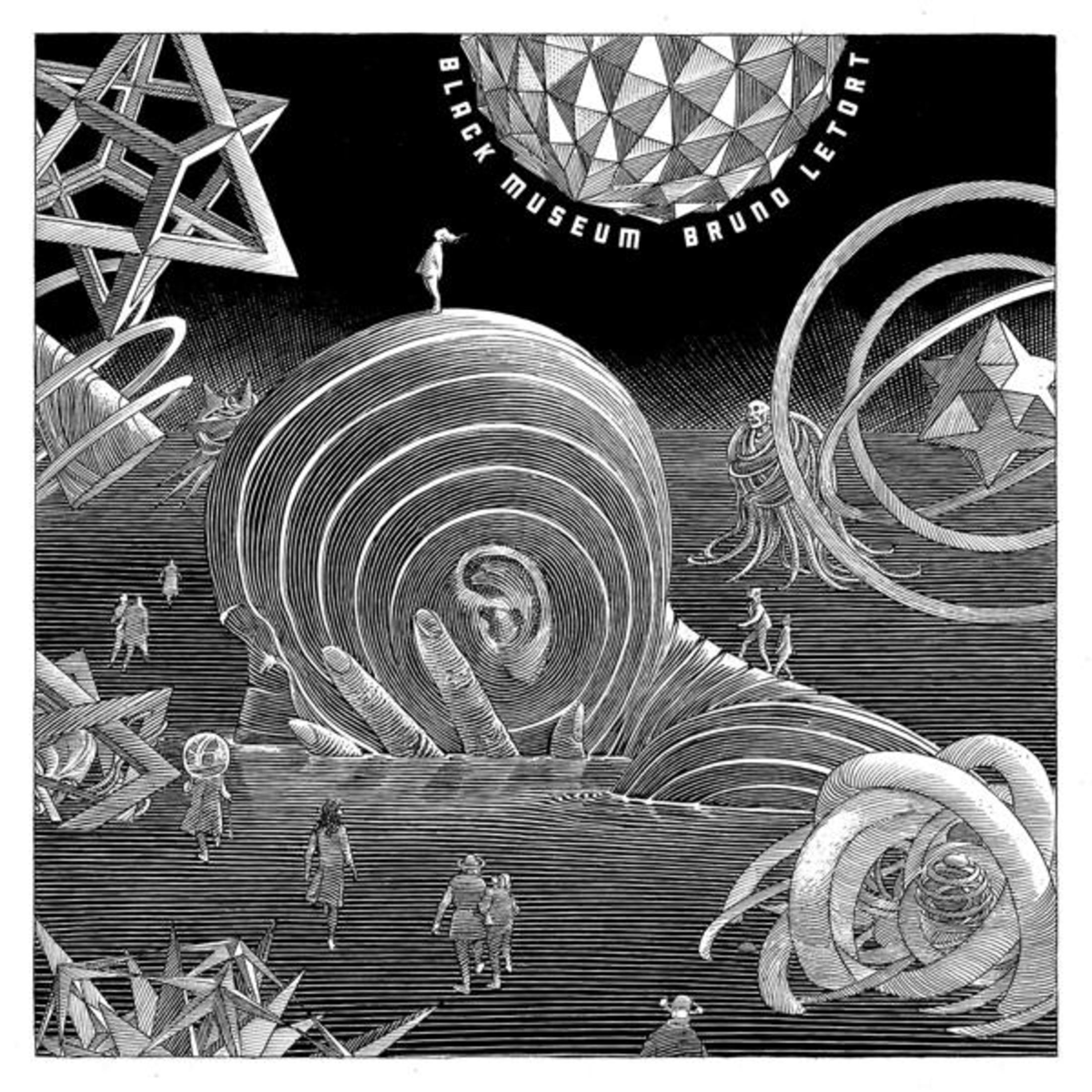 Illustrazione surreale in bianco e nero con forme geometriche e piccole figure.