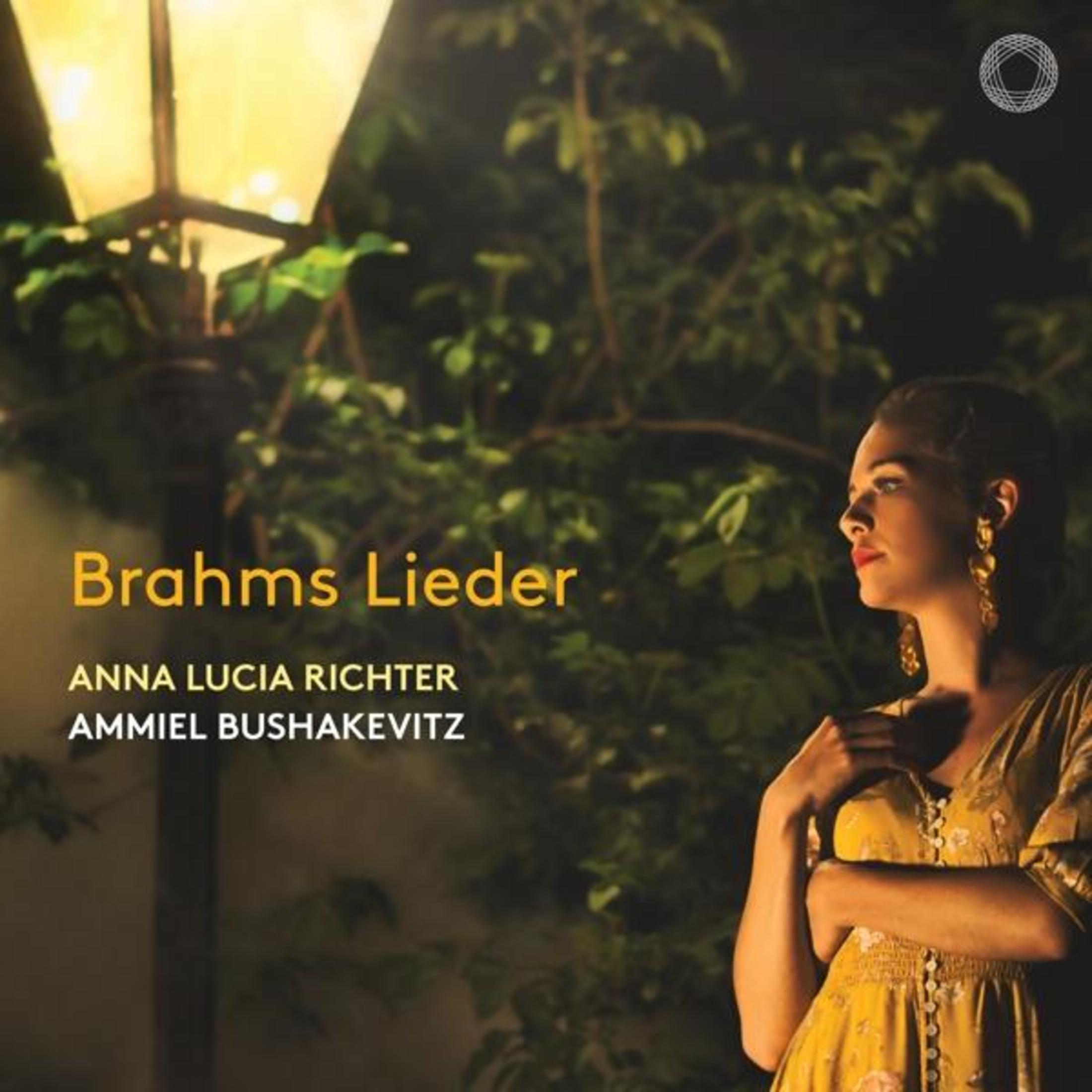 Una donna in un vestito giallo sta all'aperto vicino a una lampada. Il titolo è Brahms Lieder.