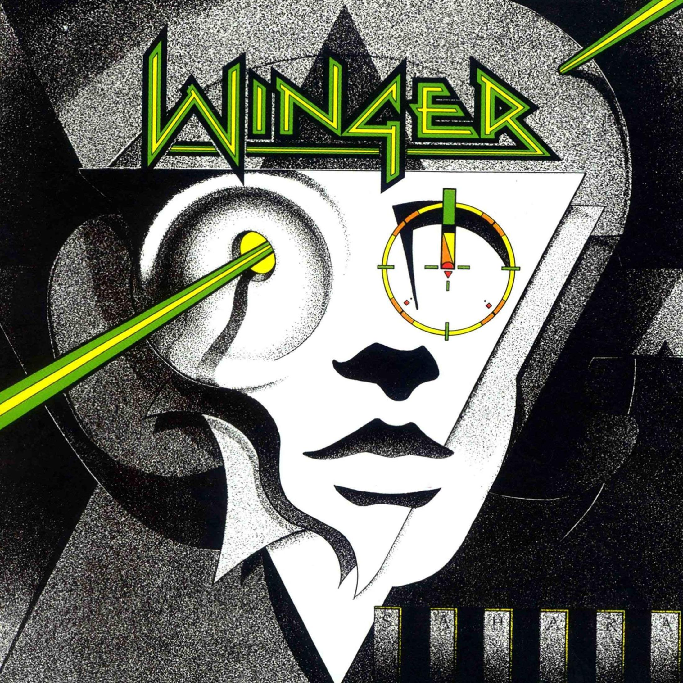 Copertina album con logo WINGER e maschera stilizzata, linee verdi.
