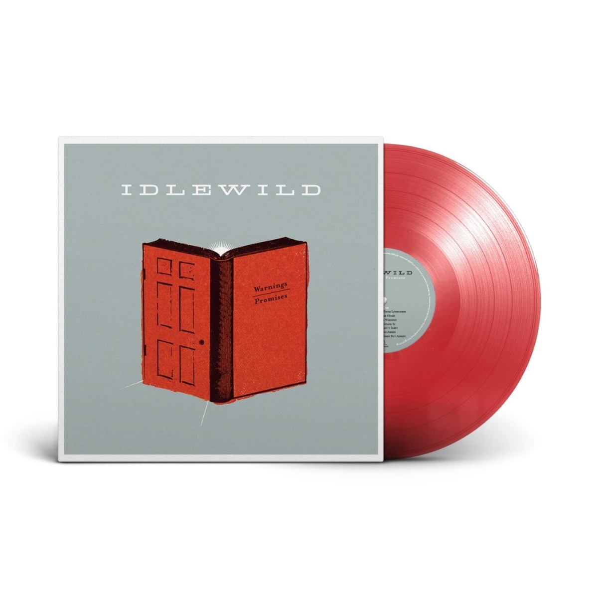 Un vinile rosso e copertina con un libro aperto che assomiglia a una porta.