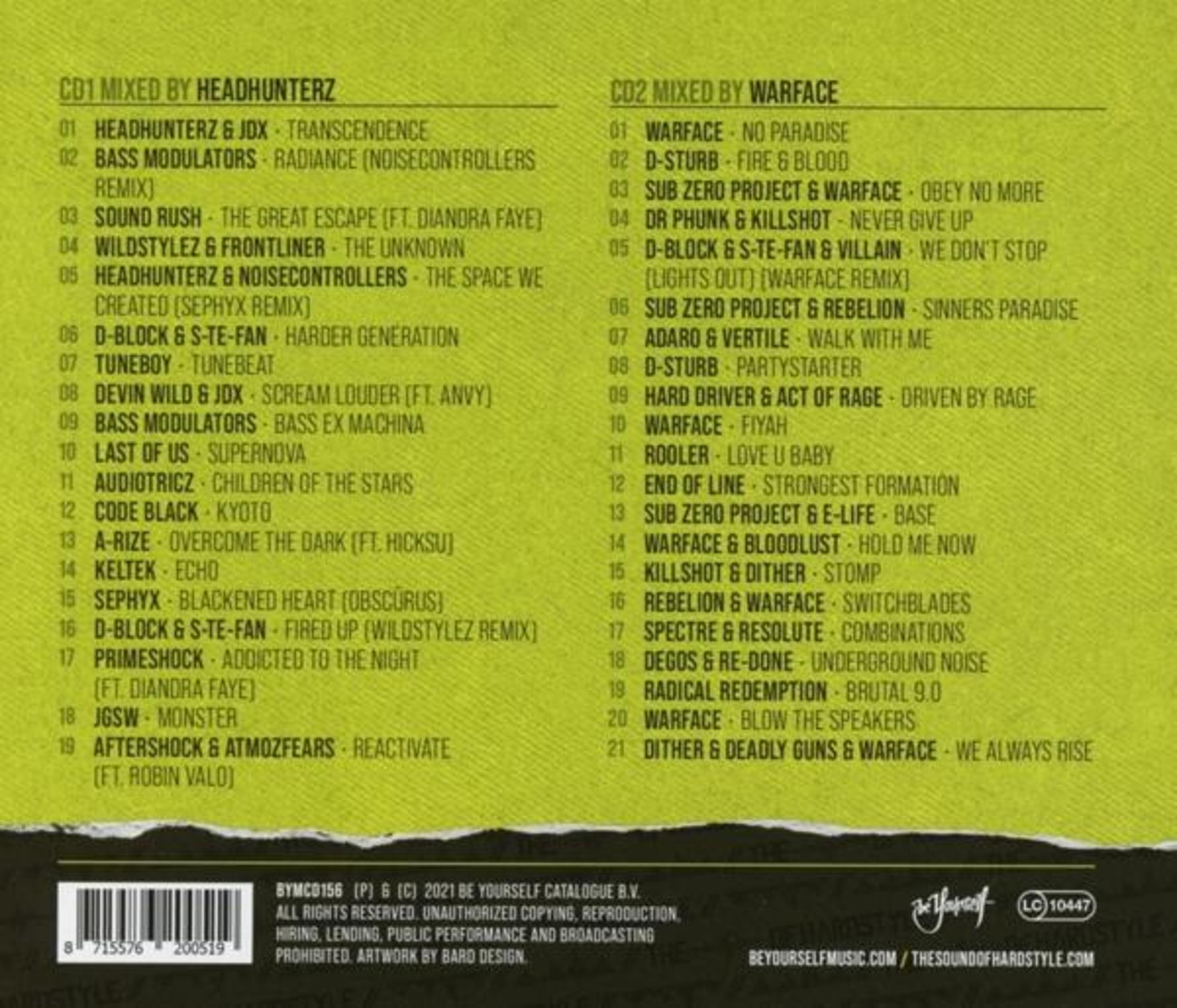 Een cd-tracklijst met nummers van Headhunterz en Warface op een gele achtergrond.