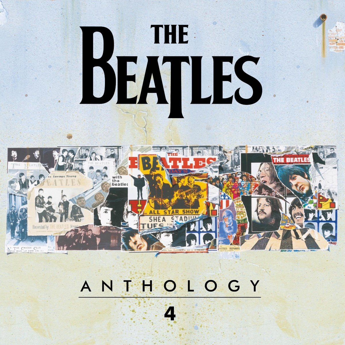 Collage van Beatles albumhoezen en foto's, met titel "The Beatles Anthology 4".