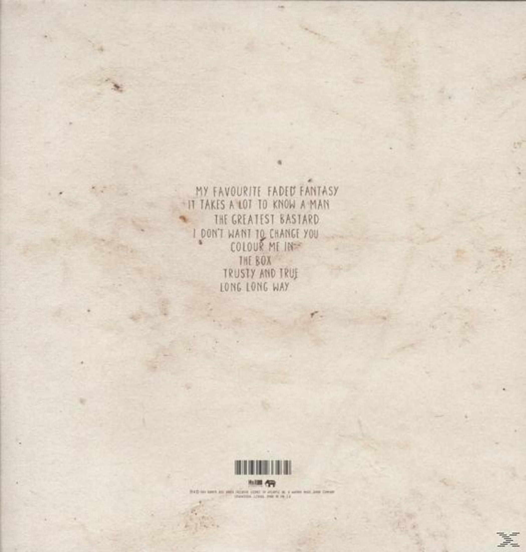 Copertina posteriore LP con titoli di canzoni al centro su carta color crema maculata.