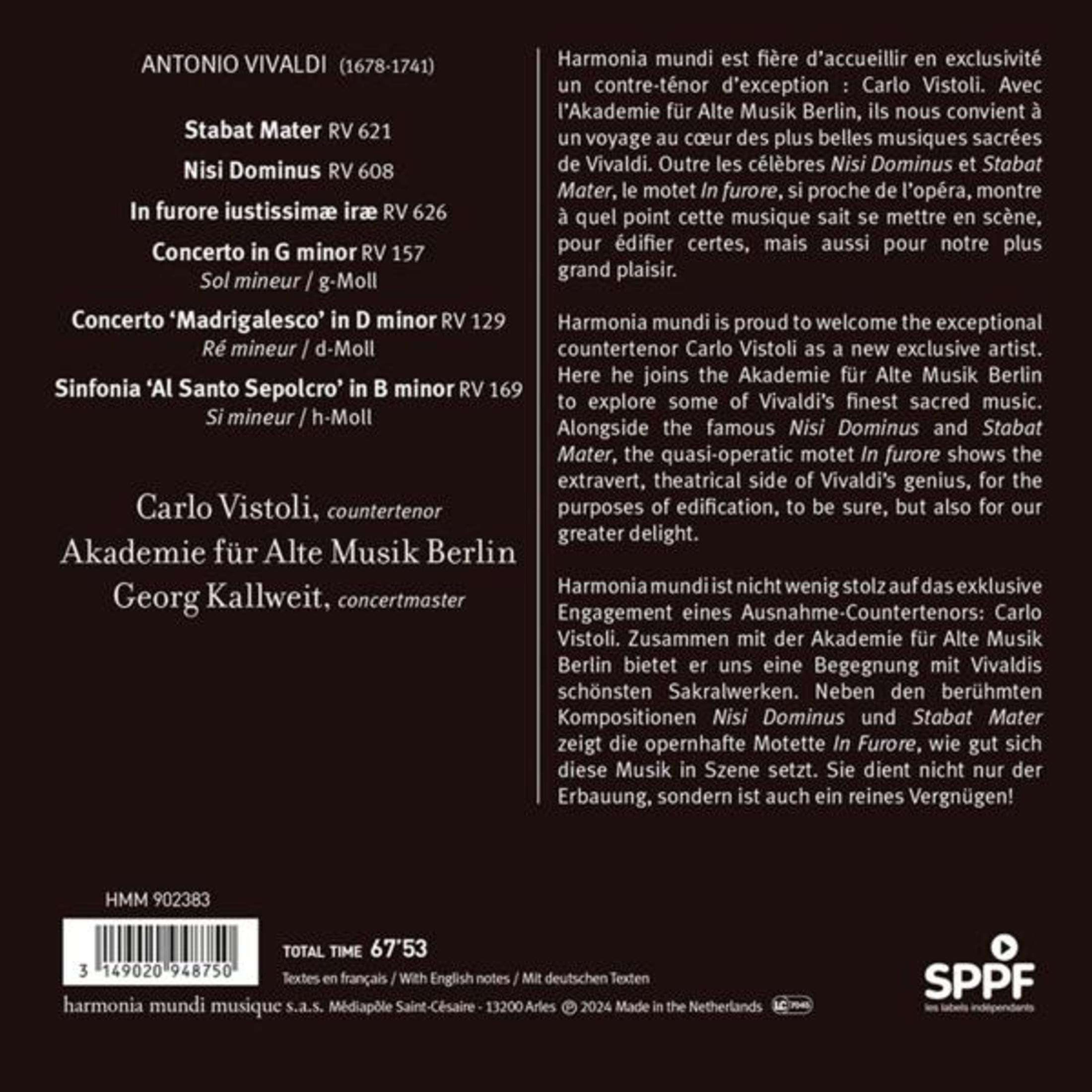 Opere di Vivaldi: Stabat Mater, Nisi Dominus, In furore, Concerti. Carlo Vistoli, Akademie für Alte Musik Berlin.