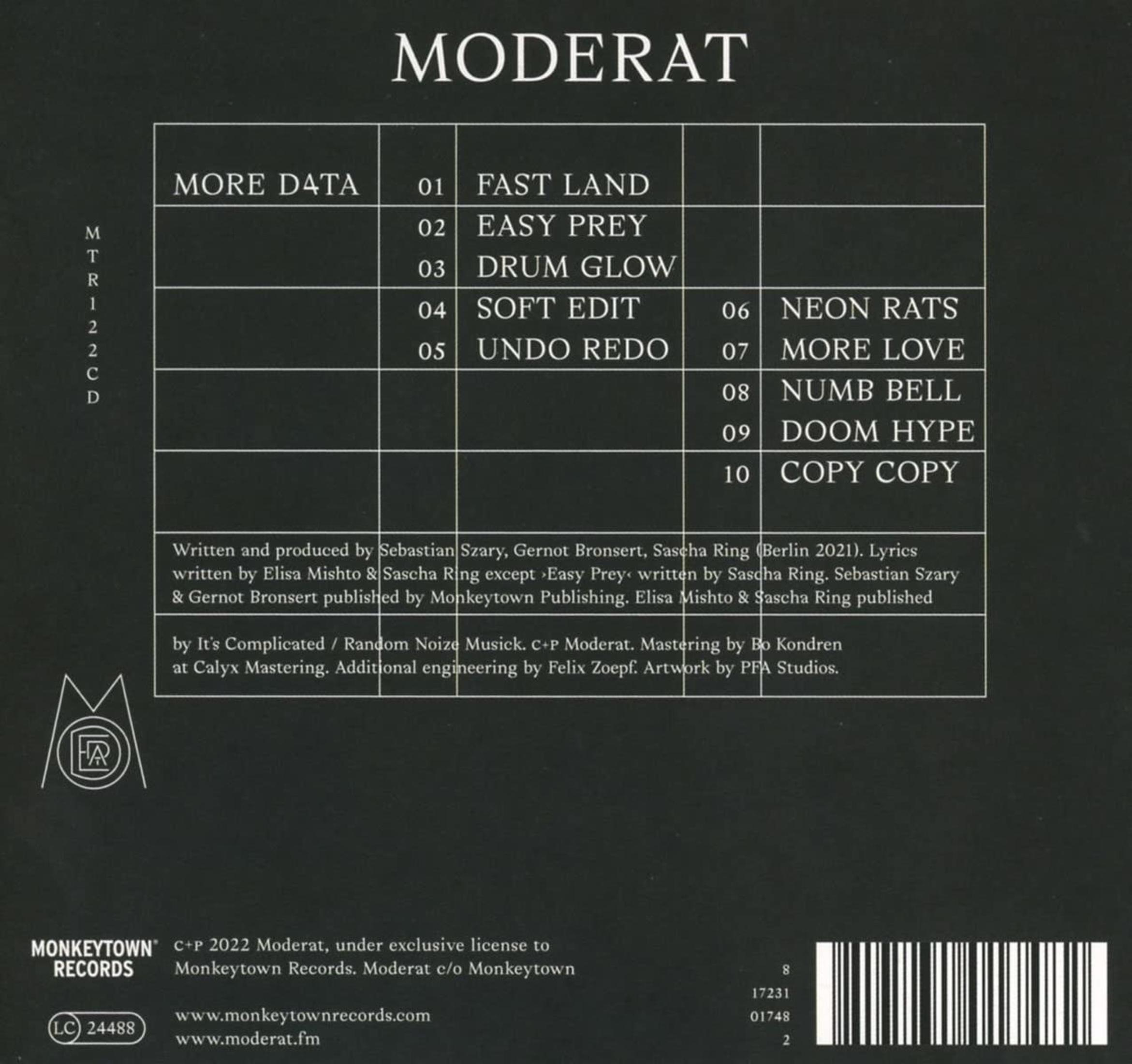 Copertina posteriore dell'album Moderat con tracklist e dettagli.