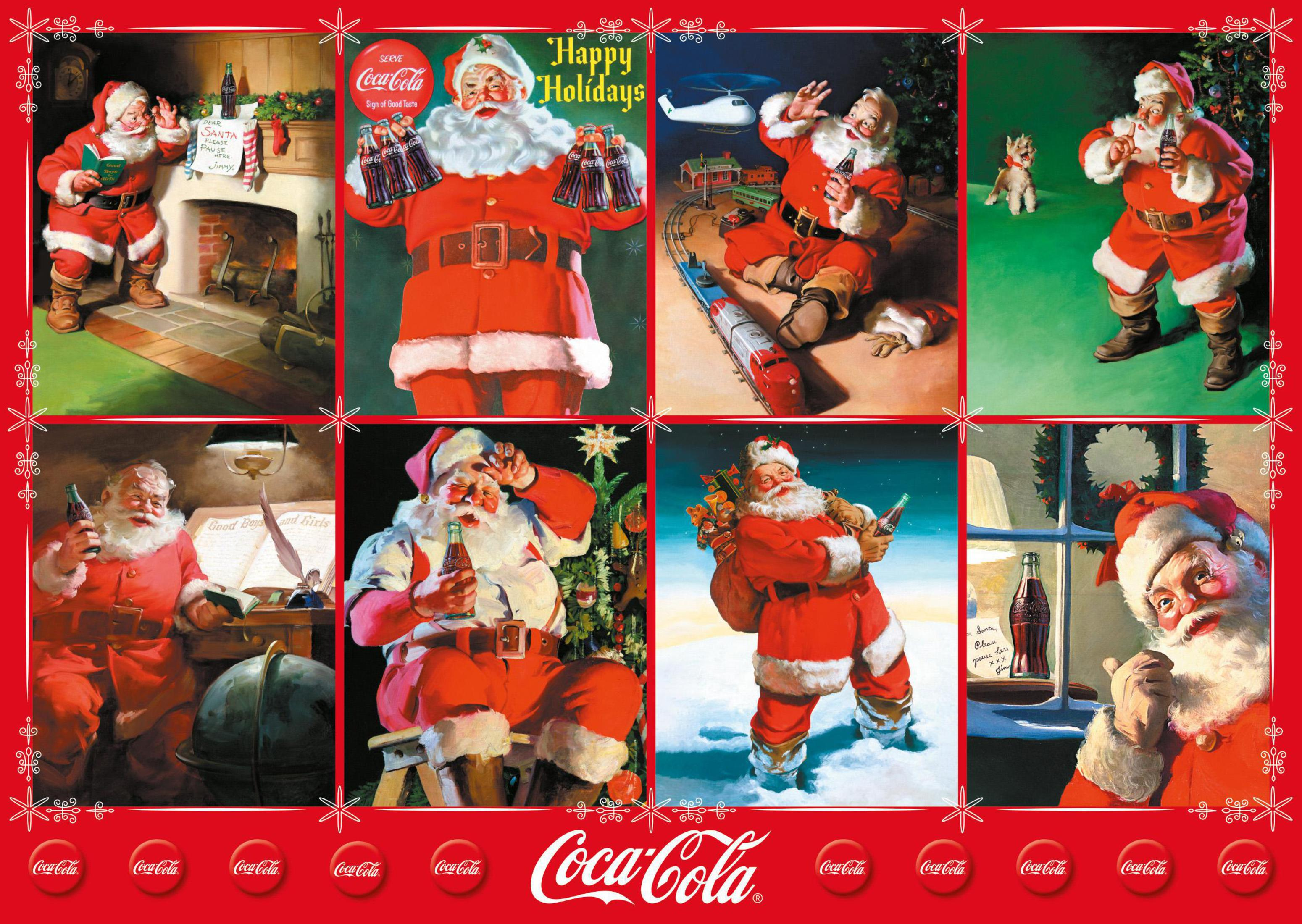 Molteplici scene di Babbo Natale con bottiglie di Coca-Cola e regali.