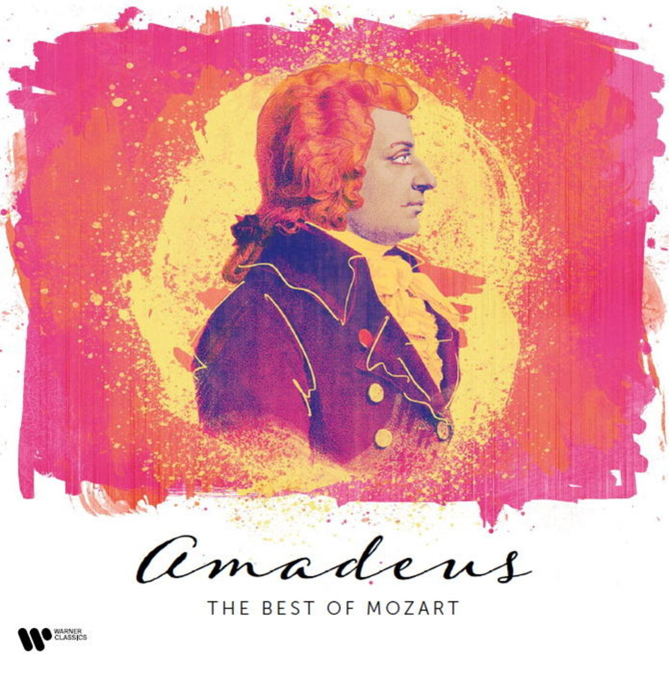 Amadeus: Il meglio di Mozart. Ritratto di un uomo dai capelli rossi di profilo su vernice spray colorata.