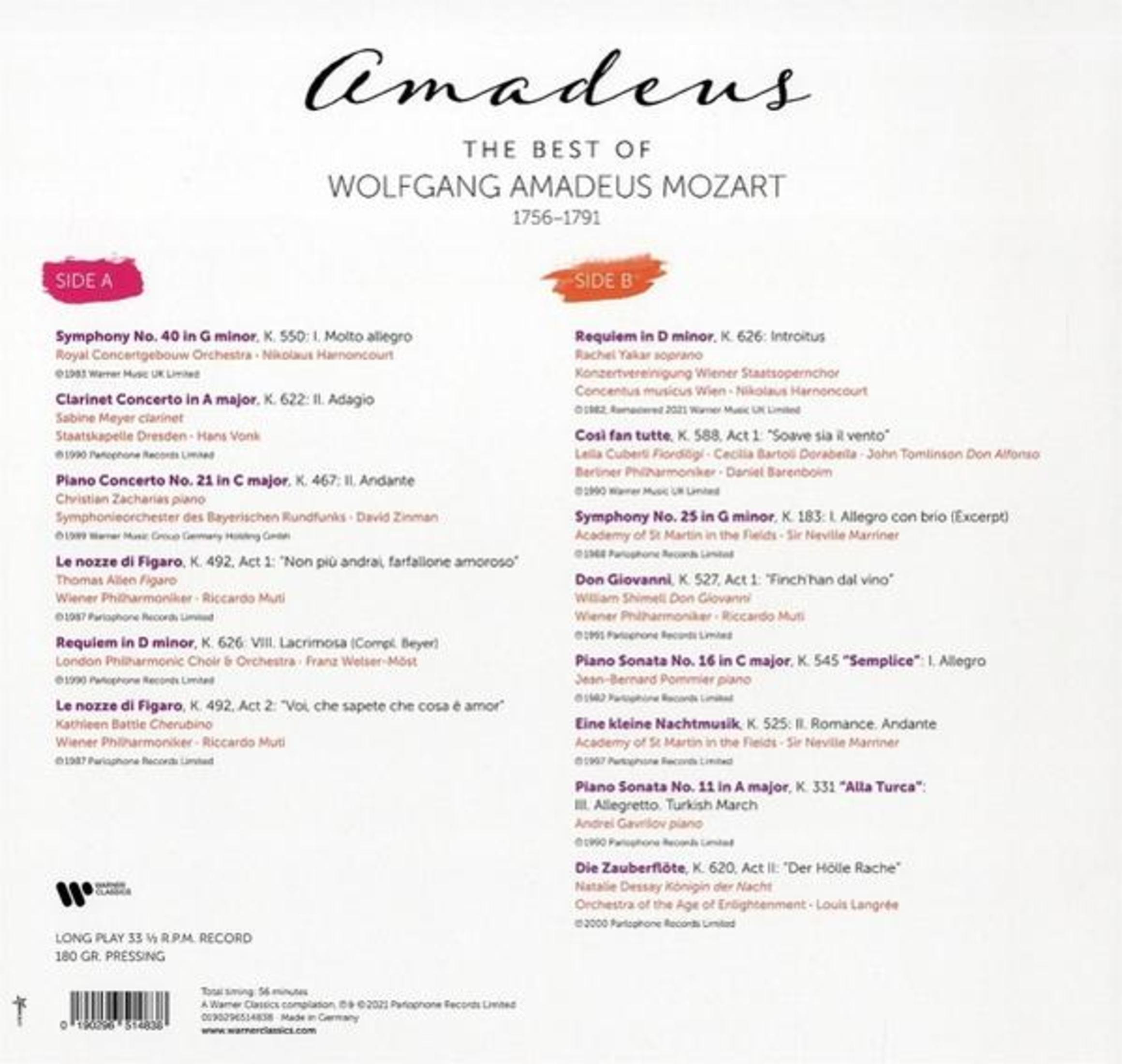 Copertina album con elenco brani Wolfgang Amadeus Mozart, lati A e B.