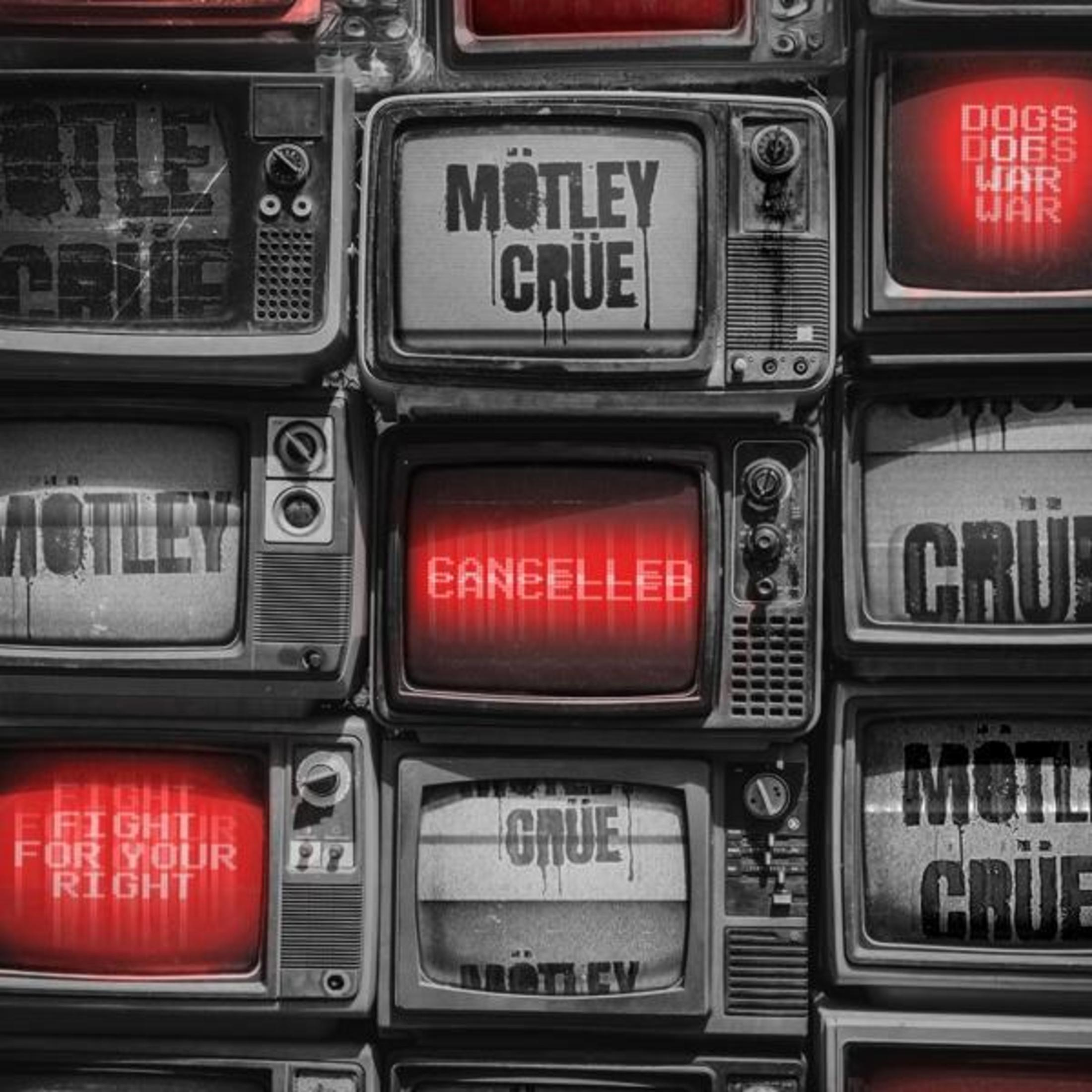 Collage di TV che mostrano loghi di band e testo come Motley Crue, Cancelled, Dogs War.