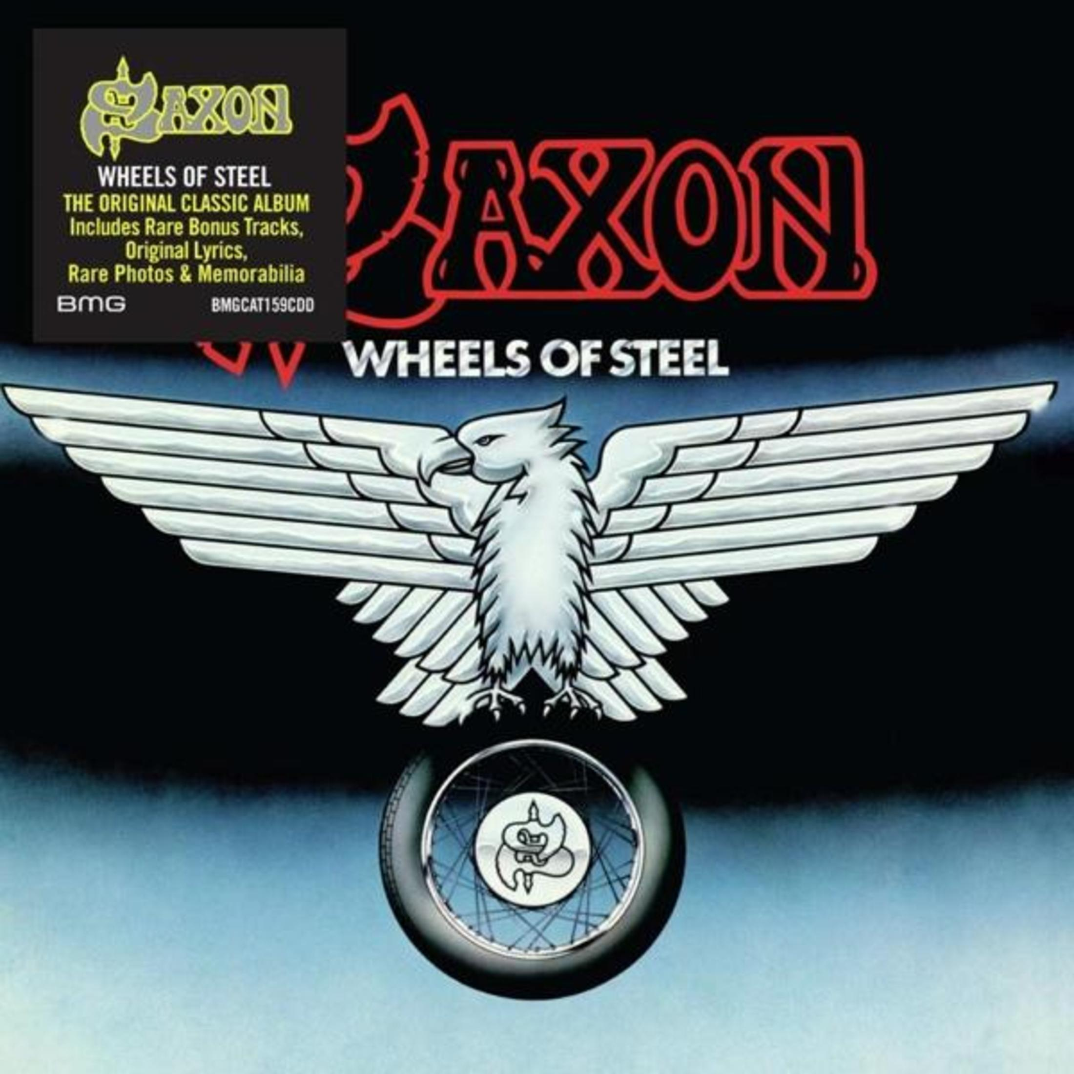 Copertina album con aquila, ali e ruota. Nome band Saxon, titolo album Wheels of Steel.