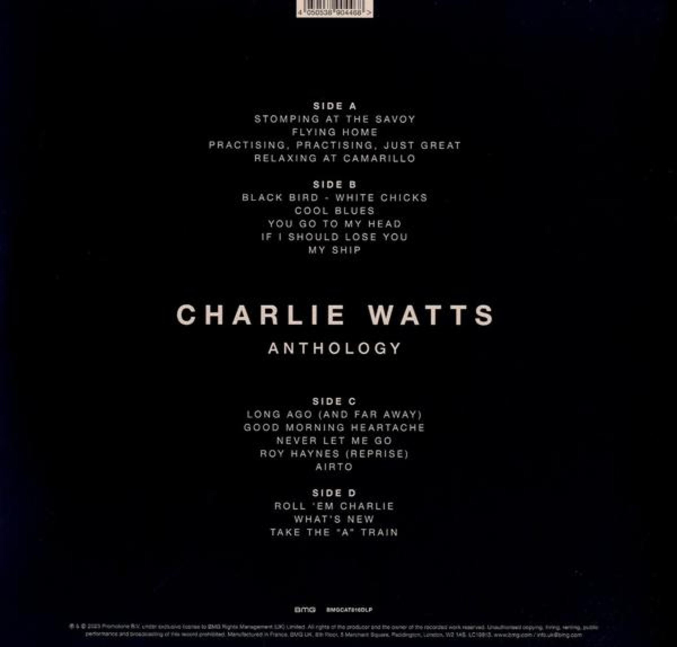 Sfondo nero con titoli di canzoni di Charlie Watts Anthology.