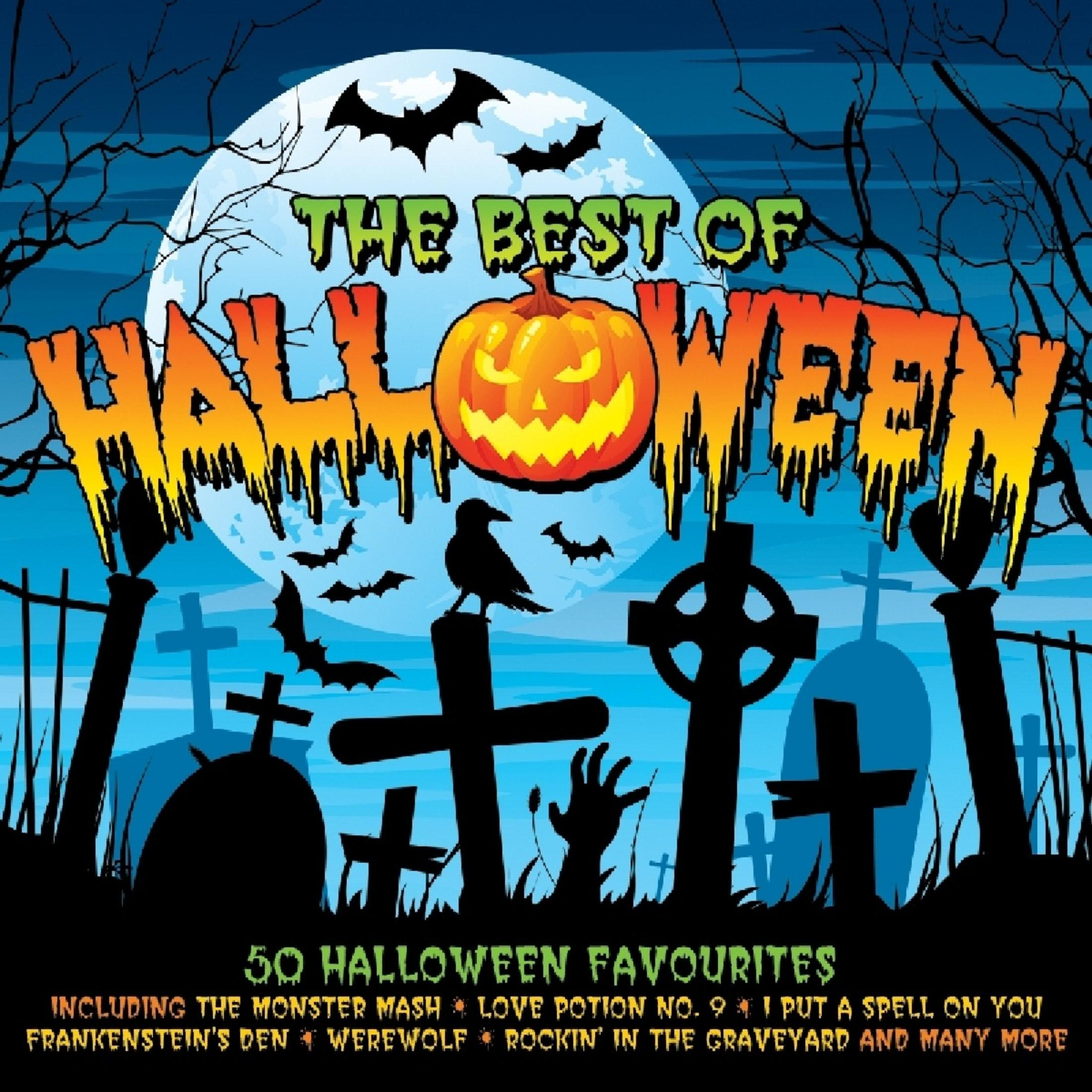 Immagine a tema Halloween con zucca, cimitero, pipistrelli, corvo.