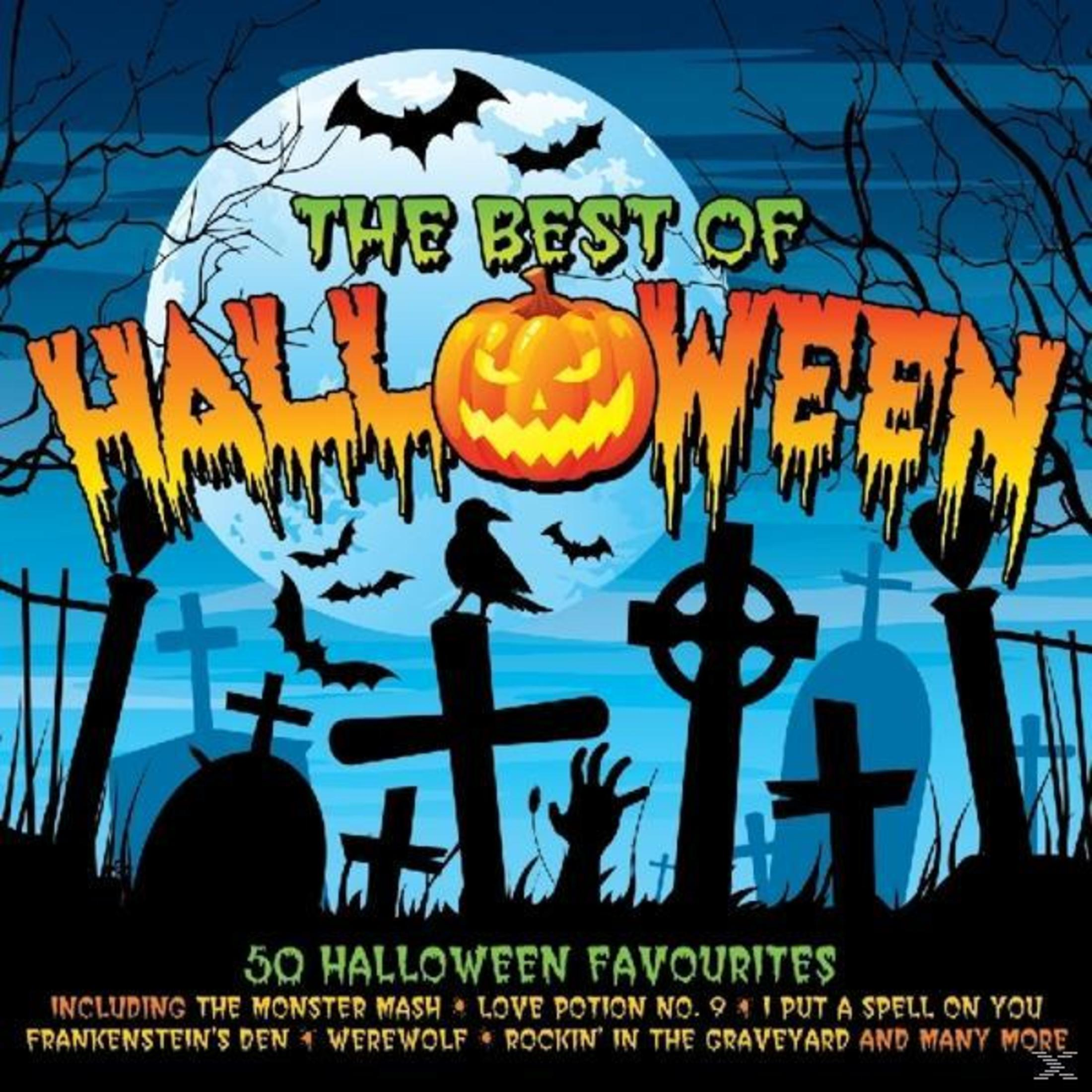 Copertina album Halloween: Luna, zucca, corvo, pipistrelli, tombe.