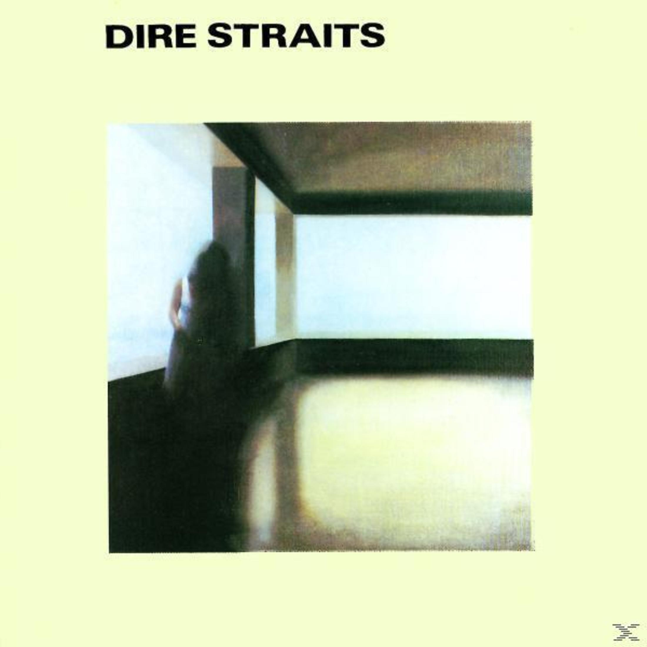 Testo Dire Straits sopra stanza astratta con figura scura.