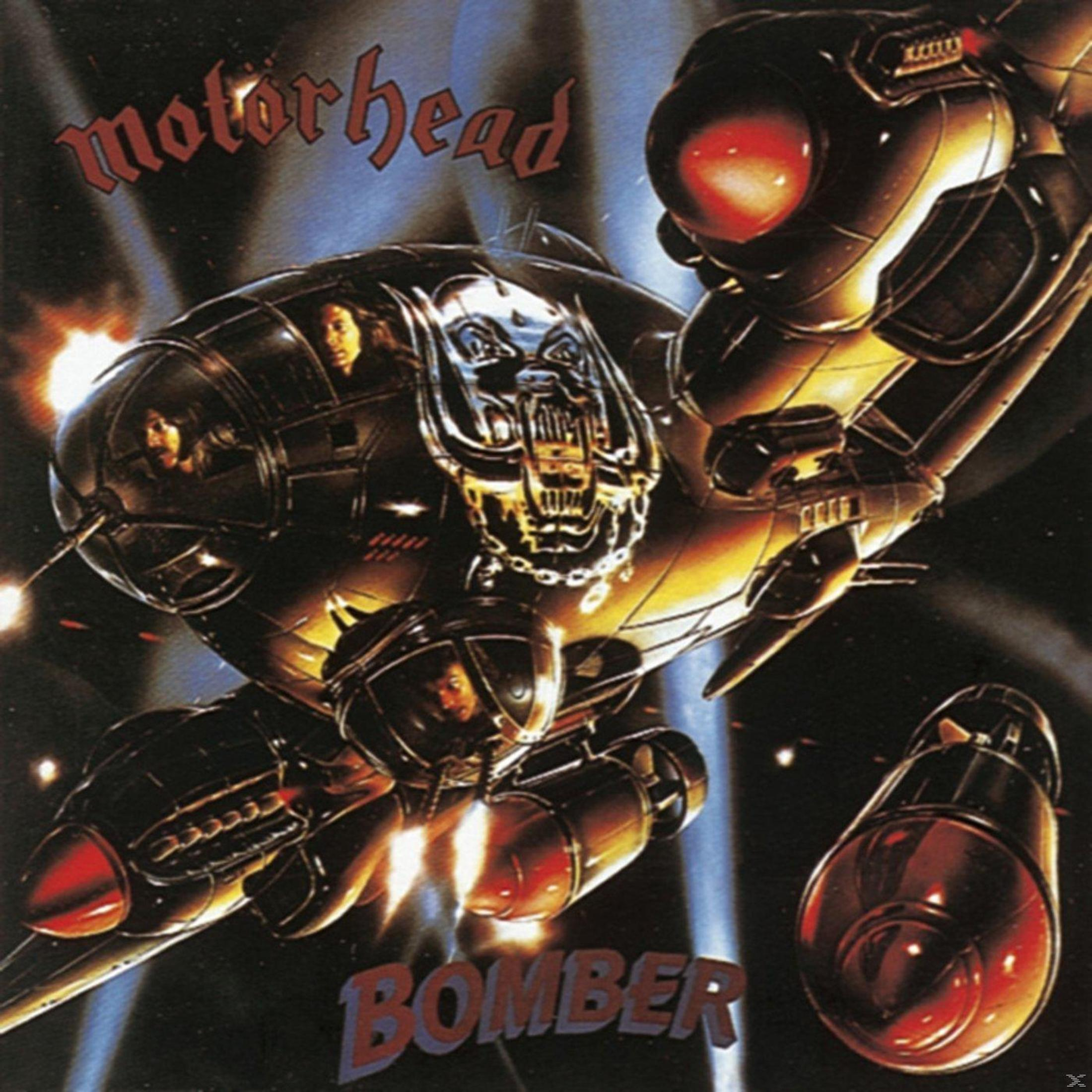 Copertina album Bomber dei Motörhead: Astronava con logo teschio vola nello spazio.