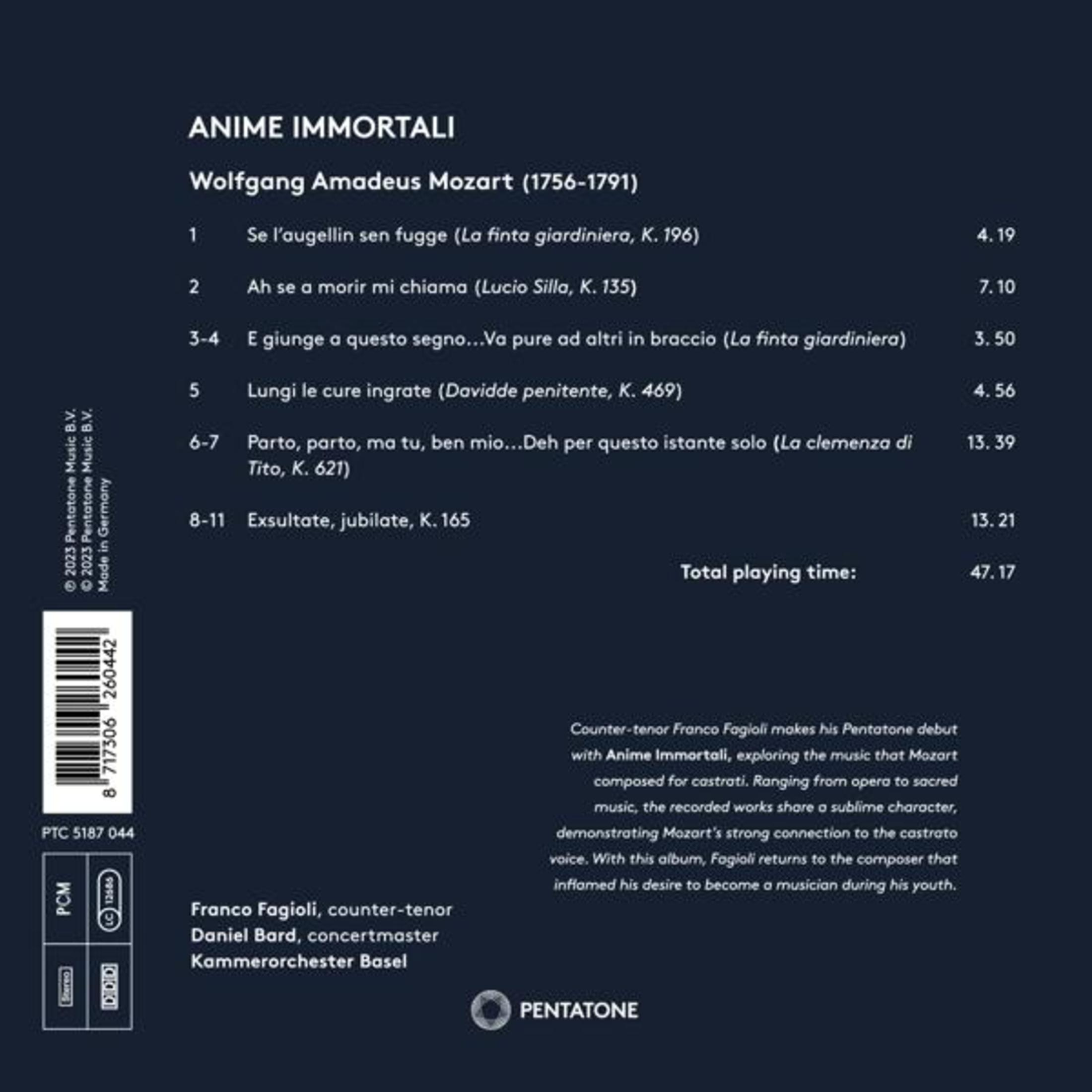 Copertina album con titolo, opere di Mozart, durate e cast. Franco Fagioli, Daniel Bard.