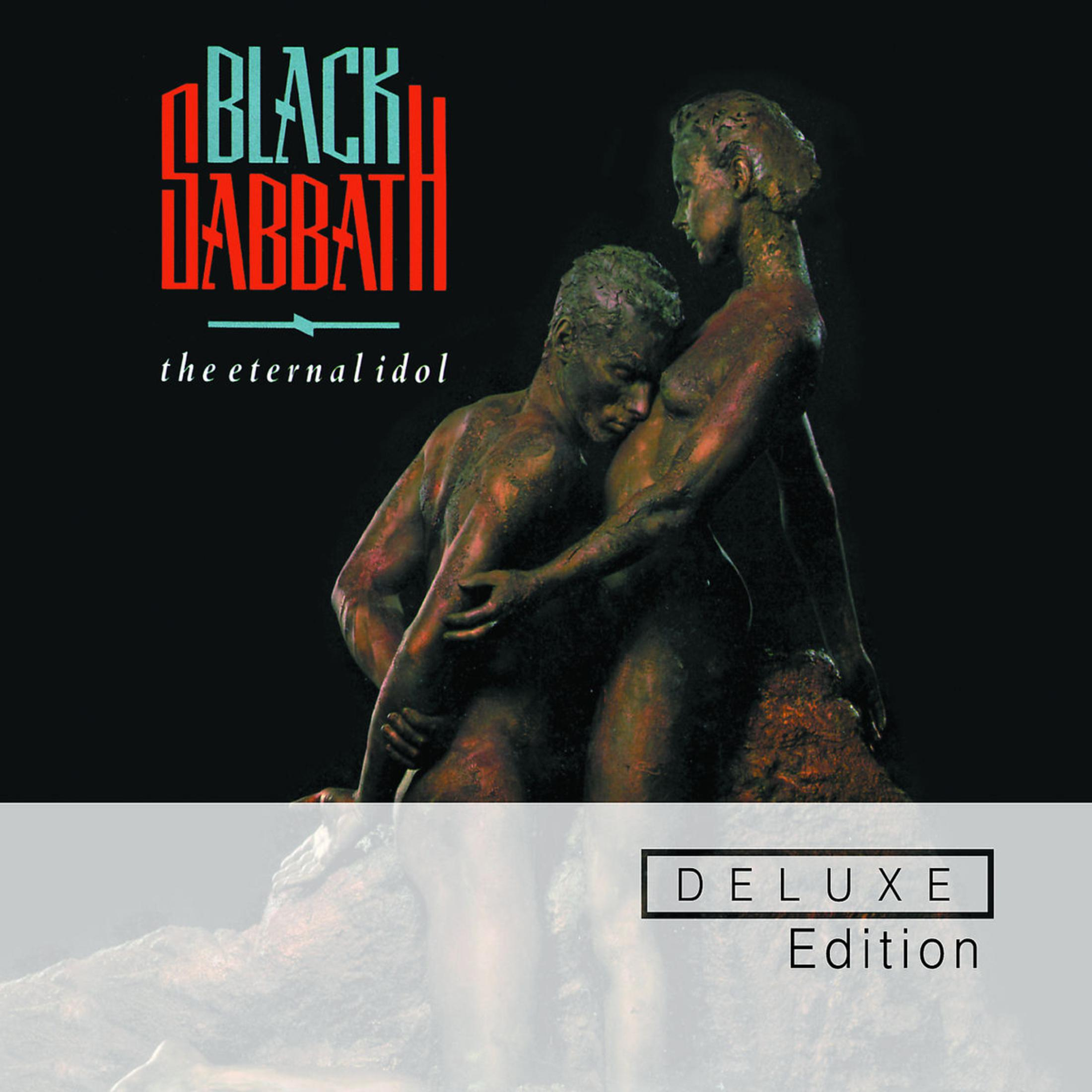 Logo Black Sabbath, due statue di bronzo e "Edizione Deluxe" su sfondo nero.