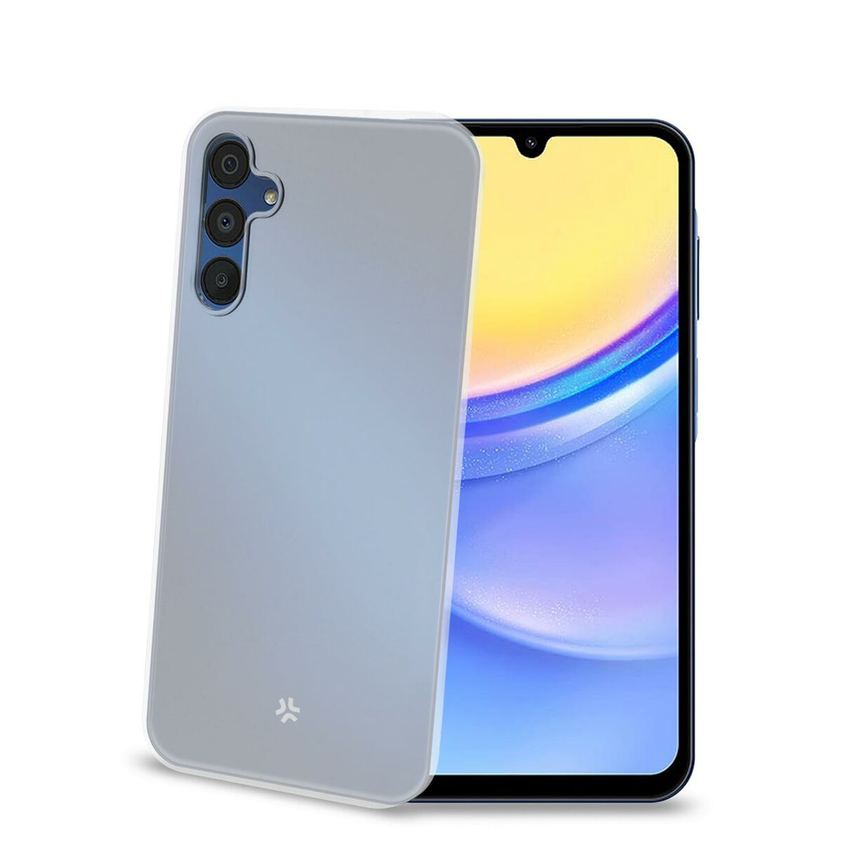Un telefono grigio chiaro con tre fotocamere accanto a uno schermo luminoso.