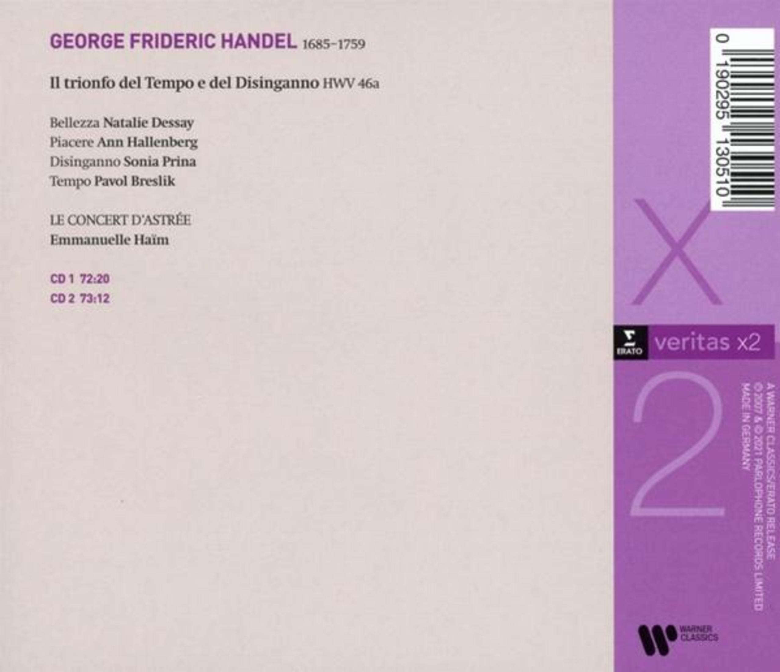 Copertina CD con testo su Handel, "Il trionfo del Tempo". Testo viola e bianco.
