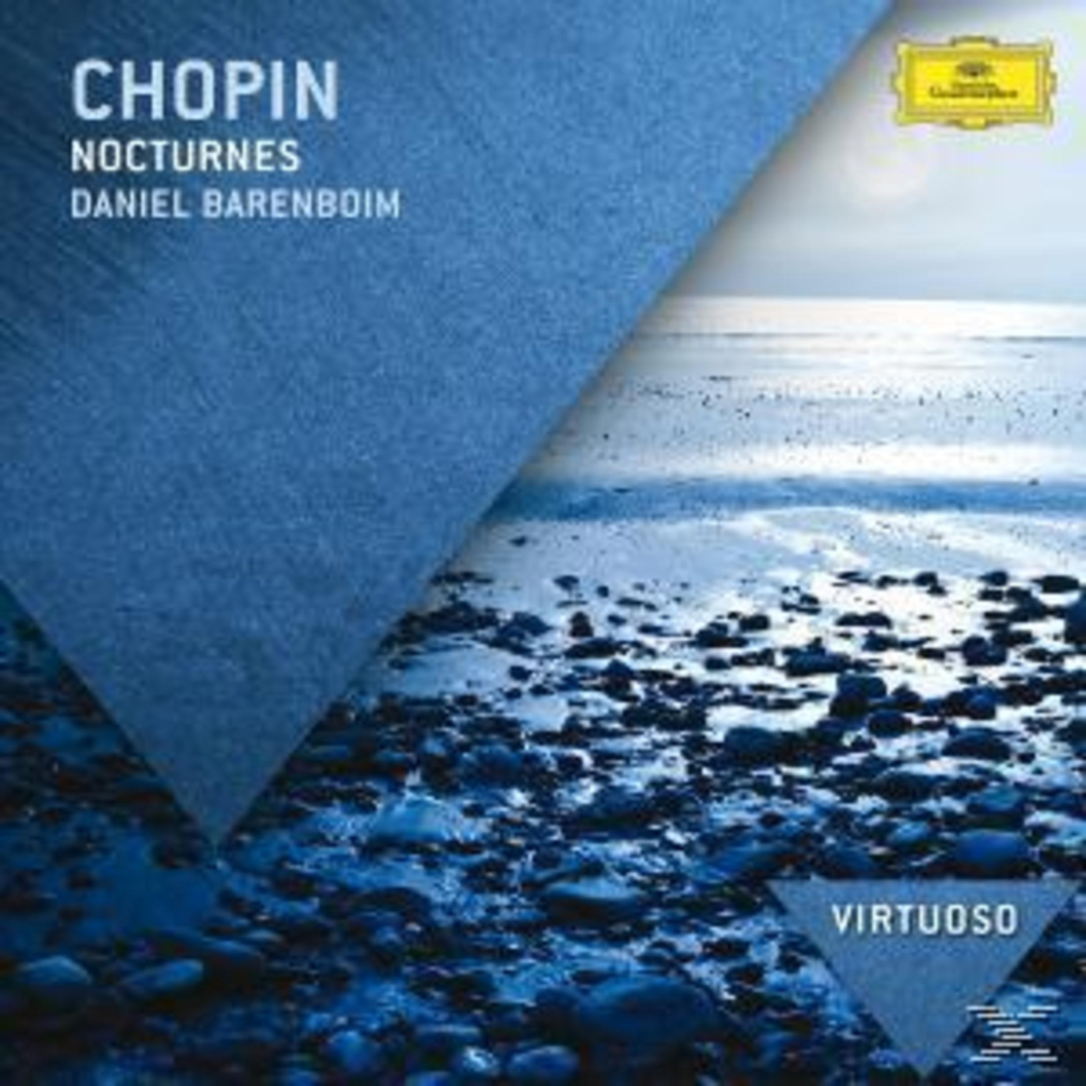 Chopin Nocturnes con Daniel Barenboim su copertina con spiaggia e pietre.