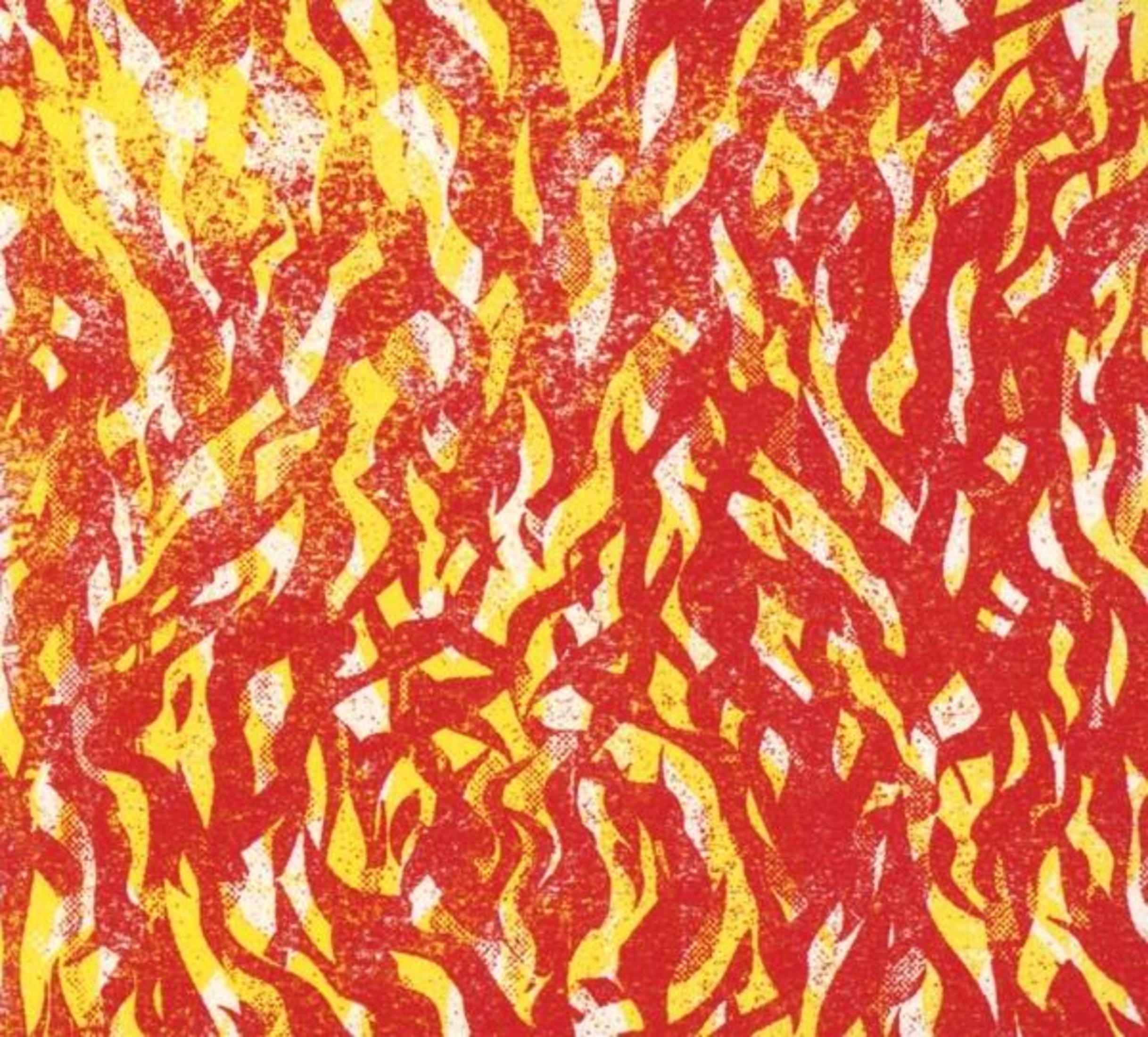 Rappresentazione astratta di fiamme in rosso, giallo e bianco con texture granulosa.