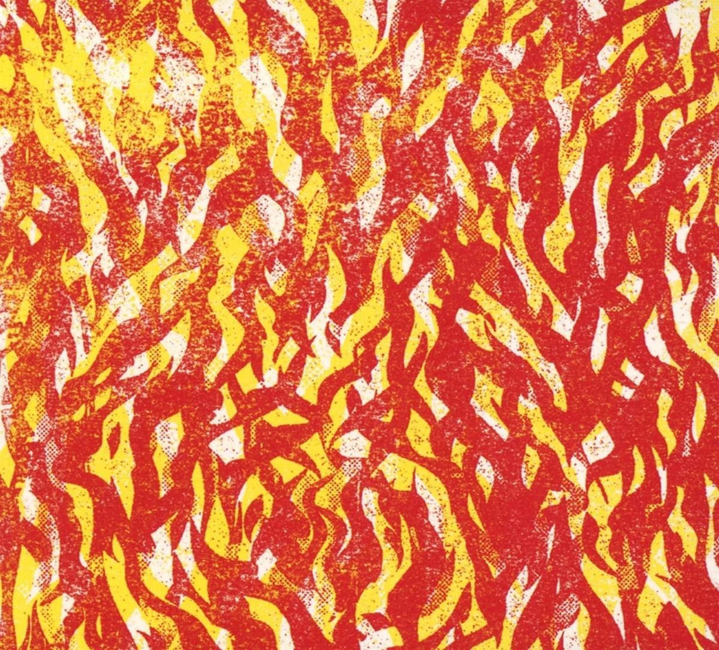 Motivo astratto di fiamme in rosso, giallo e bianco con texture granulosa.