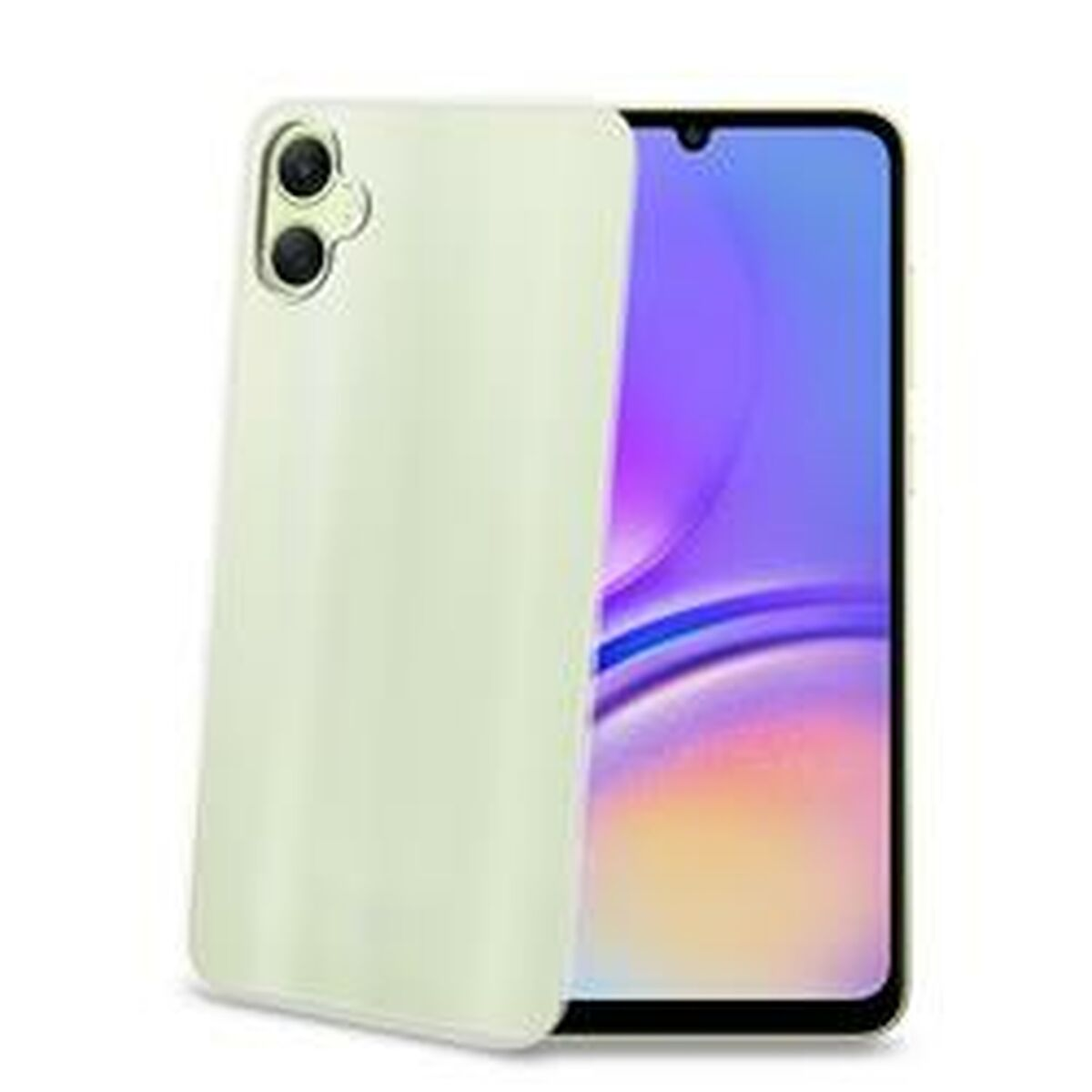 Una funda verde claro para móvil a la izquierda, con un móvil a la derecha mostrando una pantalla colorida.