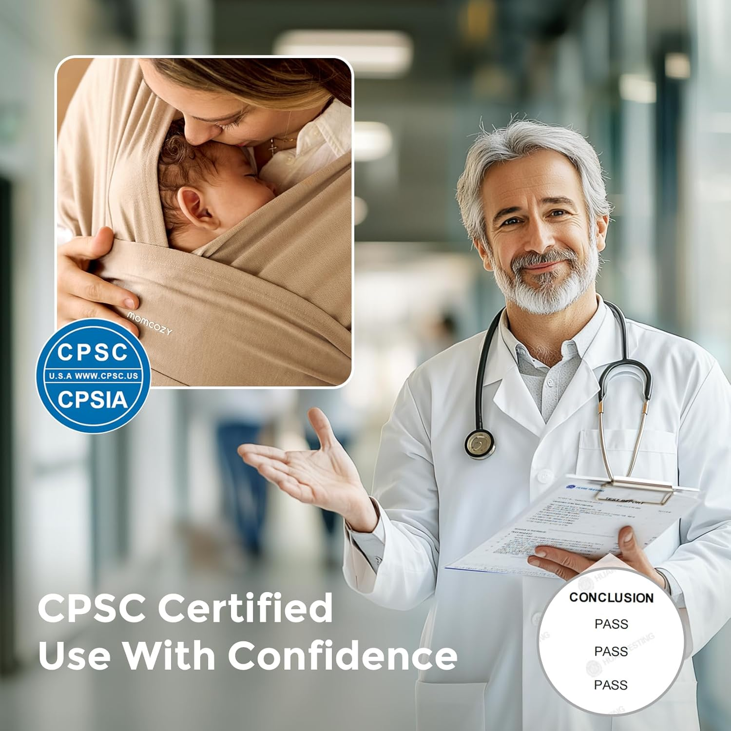 Lekarz trzyma dokument. Matka nosi dziecko. Certyfikat CPSC.