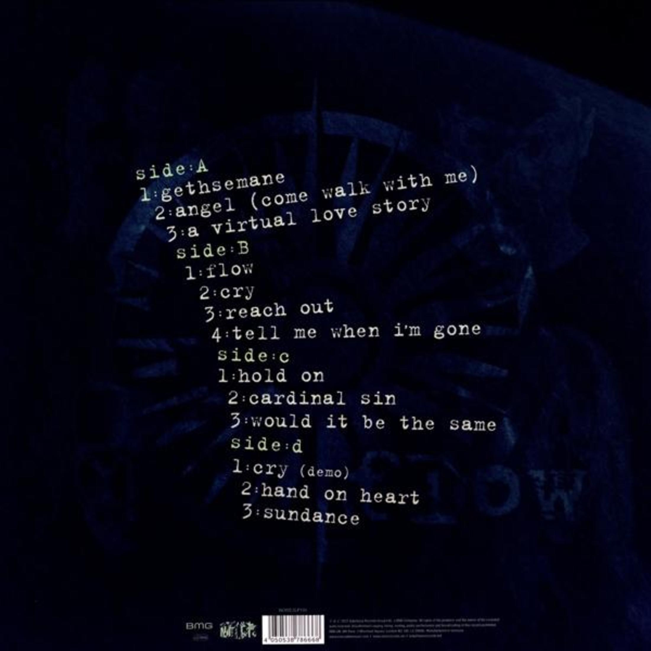 Elenco delle tracce di un disco su sfondo scuro, con canzoni come Angel e Flow.
