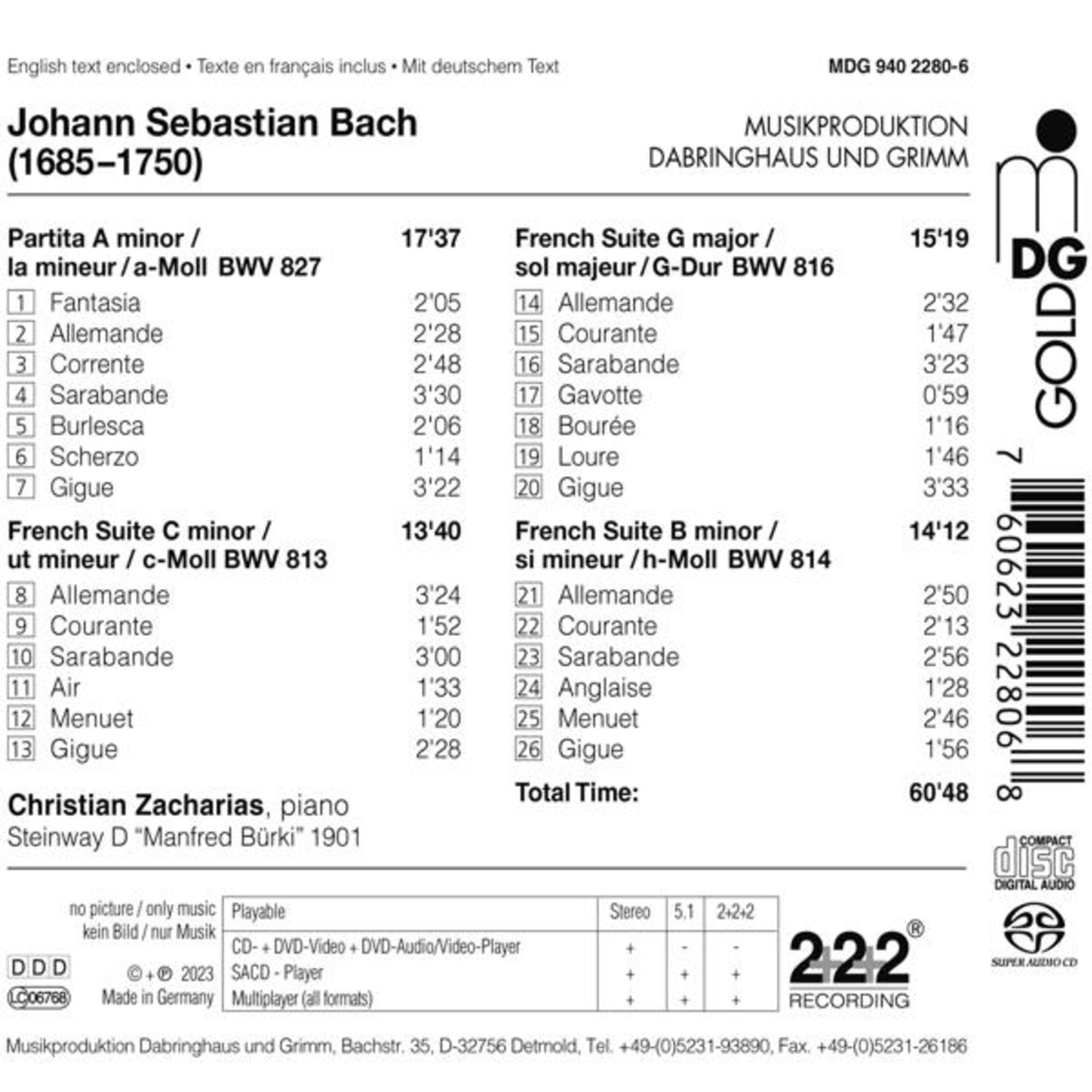 Elenco tracce delle suite di Bach eseguite da Christian Zacharias al piano.