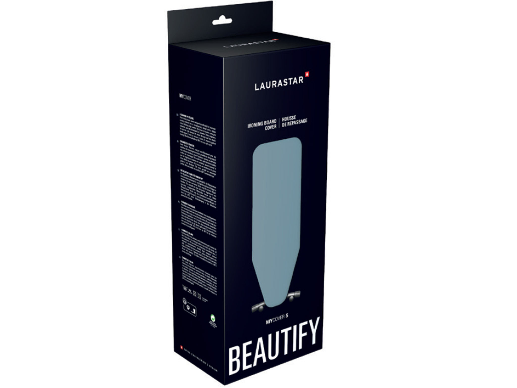 Dunkelblaue Verpackung mit Bild eines hellblauen Bügelbrettbezugs.